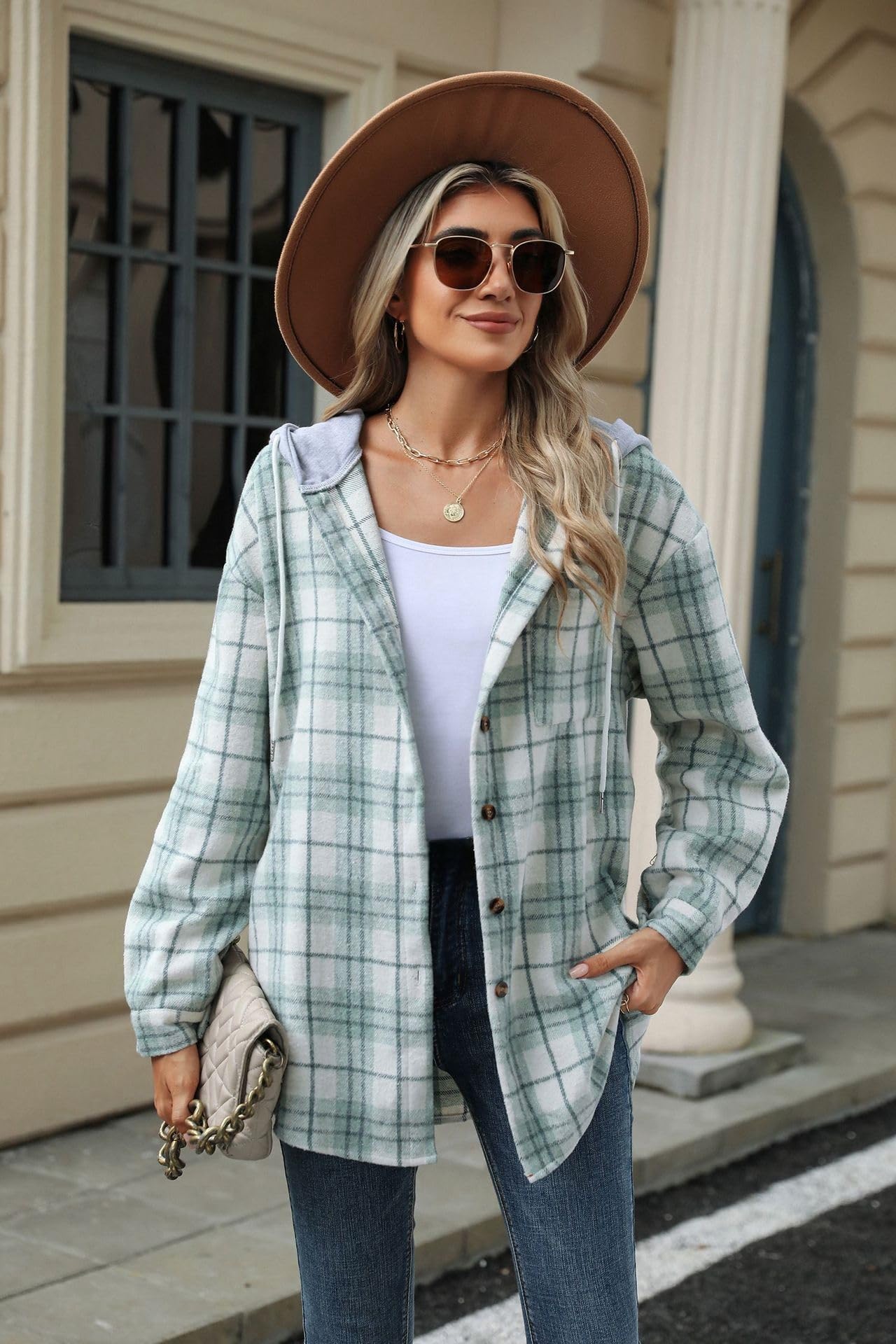 Damskie bluzy z kapturem zapinane na guziki ze sznurkiem, retro zielone paski kardigan w kratkę kurtka na co dzień luźny krój odzież wierzchnia bluza z kapturem top płaszcz lekka bluzka