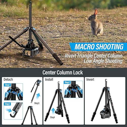 Miniatura 7 de SIRUI AM124 - Trípode de fibra de carbono con columna central triangular, trípode de viaje ligero para cámara, exteriores, 4 secciones, impermeable,