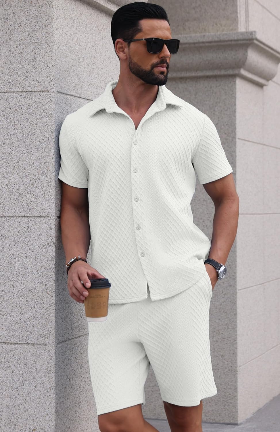 PrinStory Mens Outfits Short Sleeve Button Down Tracksuit M-3XL