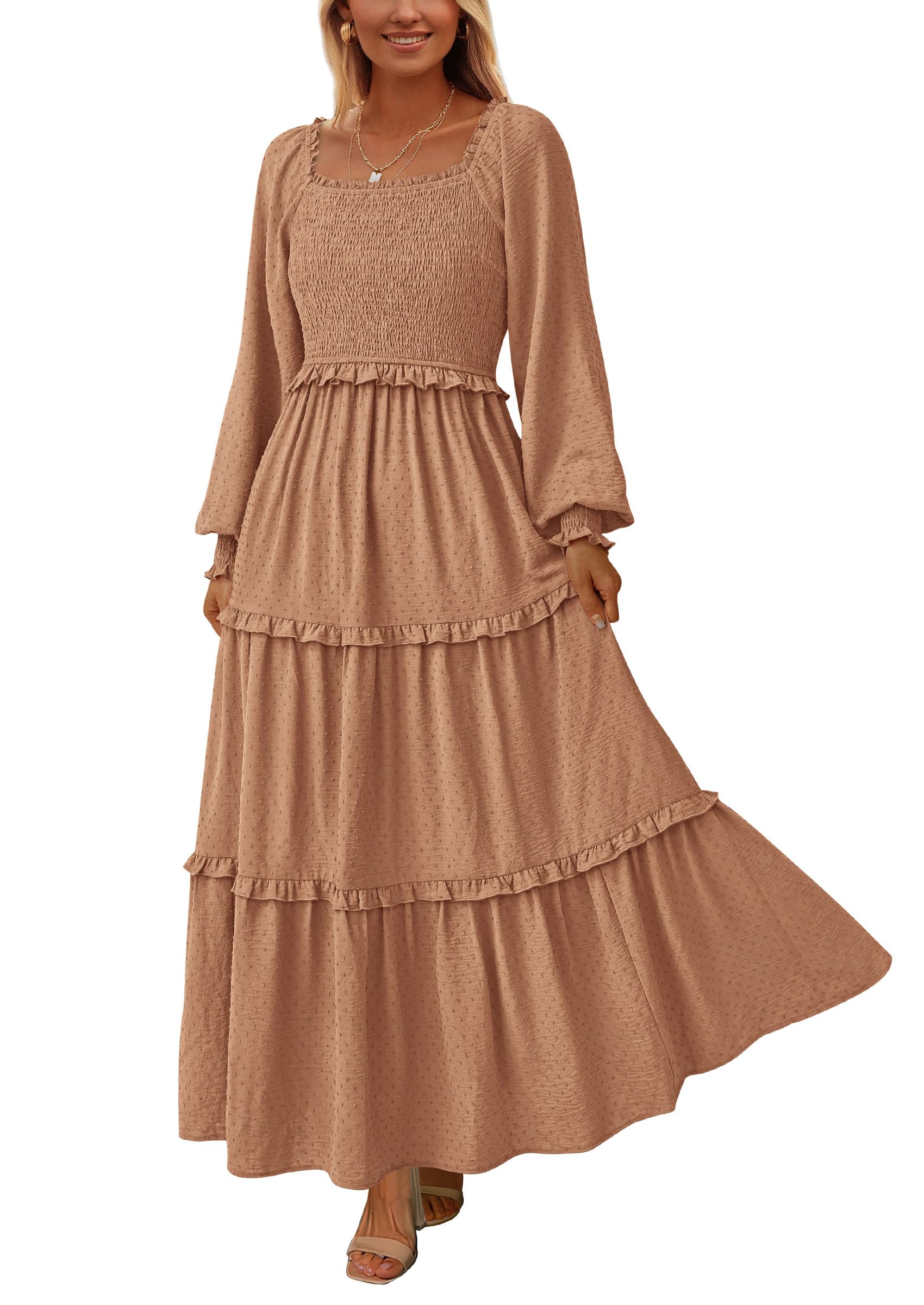 PRETTYGARDEN Fall Dresses for Women 2026 Long Sleeve Smocked Square Neck Swiss Dot Tiered Flowy Wedding Guest Maxi Dress