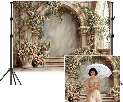 Arch Wall Flowers Backdrop,Retro Medieval Building Pink Rose Photo Background,Realistic Stylish Romantic Palace Banner for Wedding Birthday Bridal Shower Party Decor,Gray,7x5FT
