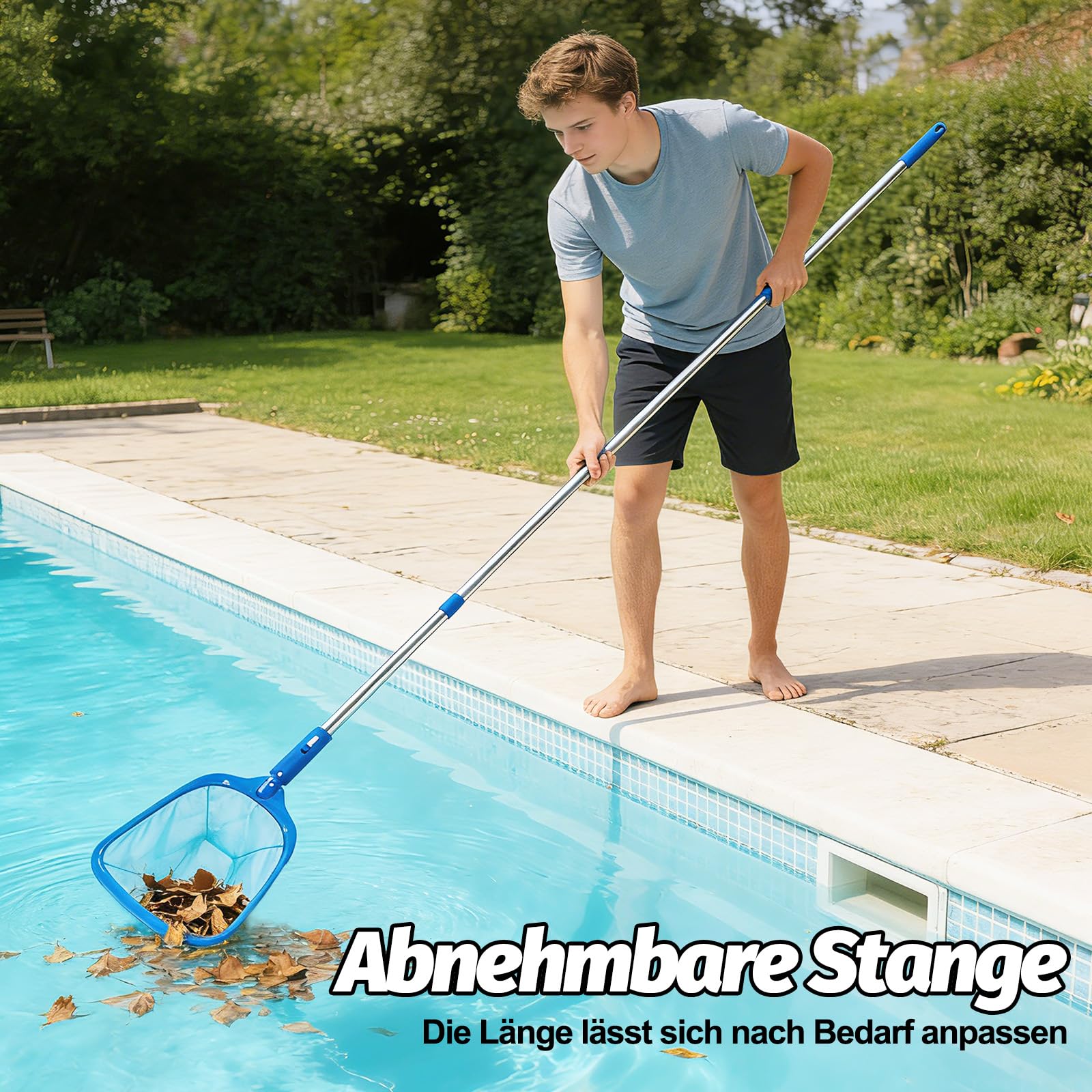 4BAOHUI Brosse de piscine avec manche en acier inoxydable, épuisette avec manche télescopique, kit de balai de piscine, brosse de nettoyage pour piscine, épuisette pour nettoyer les feuilles de