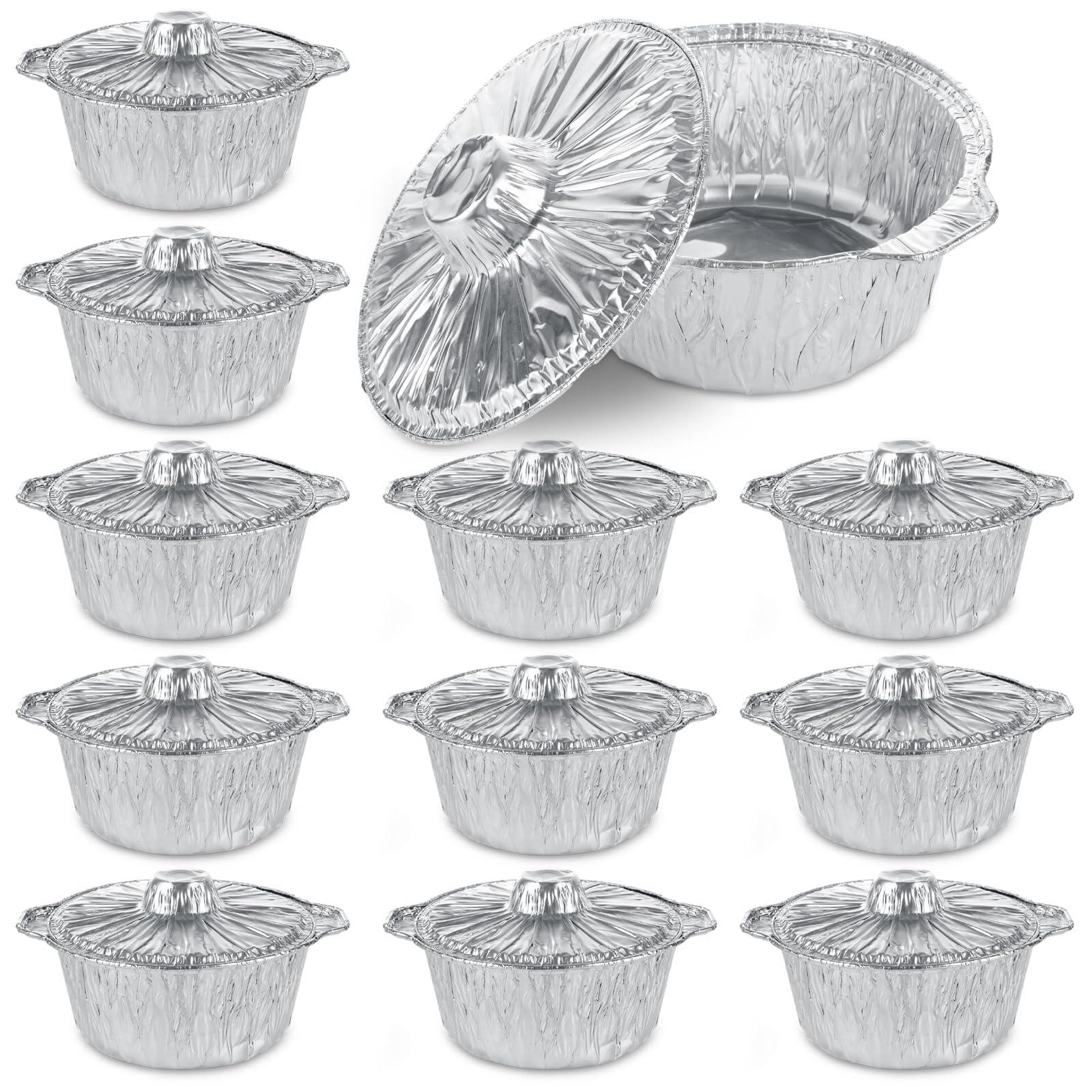 Confezione da 12 pentole usa e getta in alluminio con coperchi, 20,3 cm, da asporto con coperchio, capacità 2,18 g, per cottura, preparazione dei pasti, servire feste, resistenti, riciclabili