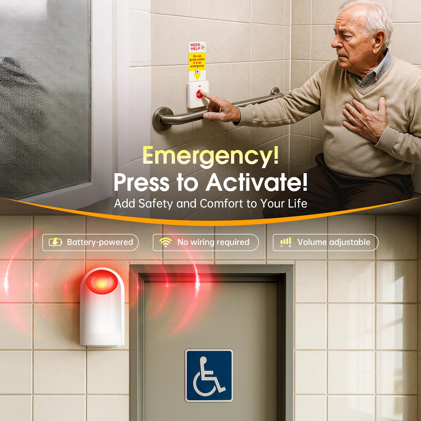Alarma de botón de pánico, sistema de llamada de emergencia inalámbrico para ancianos y discapacitados, funciona con pilas, volumen ajustable de 130 dB, rango de 350 pies, para baño, hogar