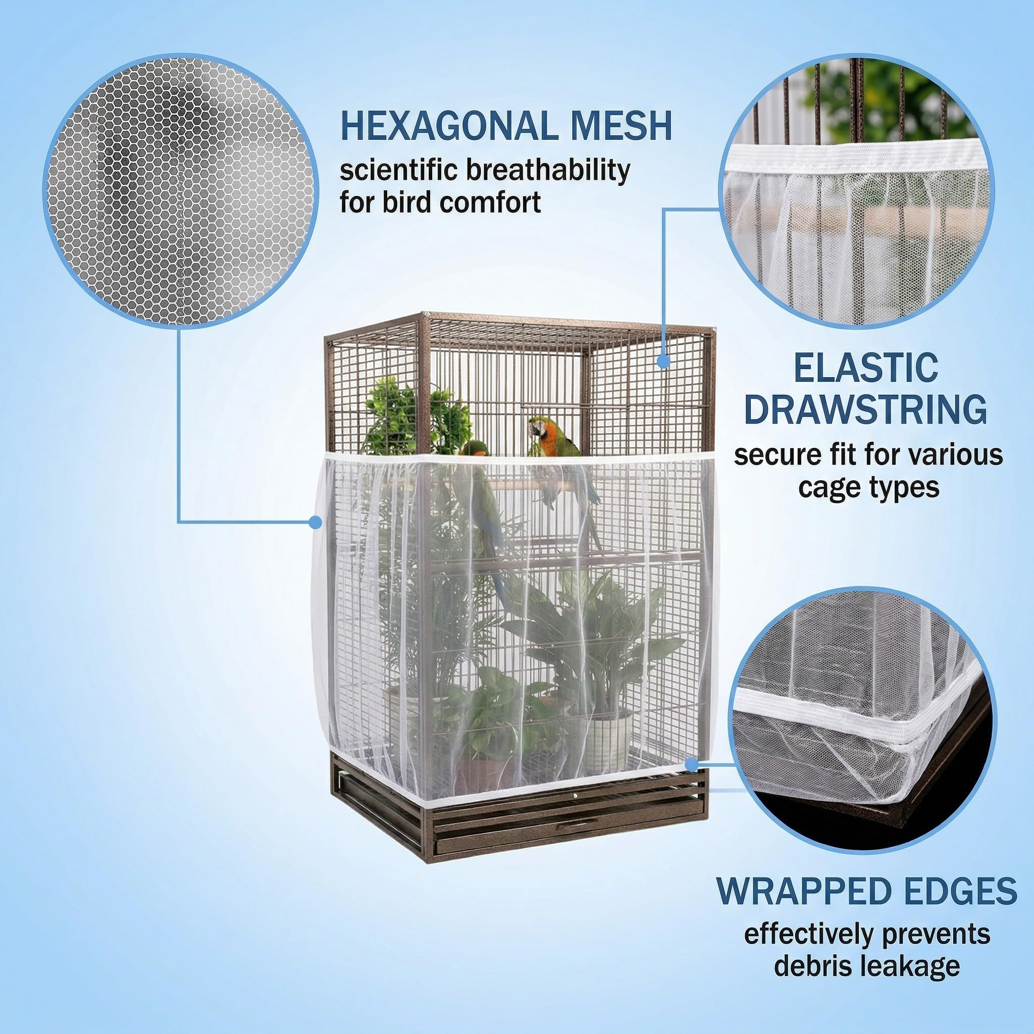 Birdcage Covers, 1 rete protettiva per gabbia per uccelli - Rete traspirante e antipolvere, circonferenza 120-140 cm, altezza 30 cm (bianca)