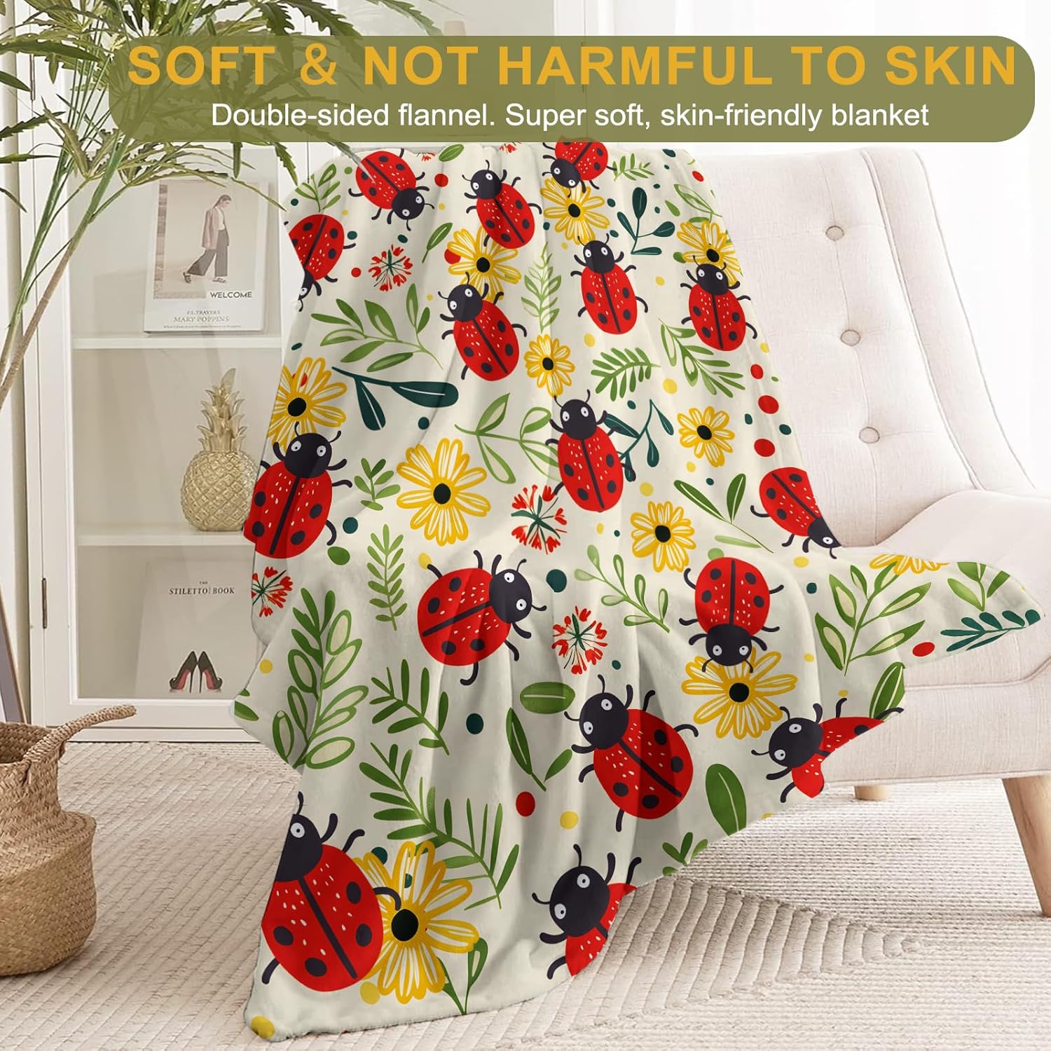 Cute Ladybug Flannel Blanket - Lightweight Soft Cozy Unique Gifts Blankets for Kids,Adult,Women, Nature Lovers,Cute Colorful Flower Throw,Home Room Modern Decor 50x60in - Image 2