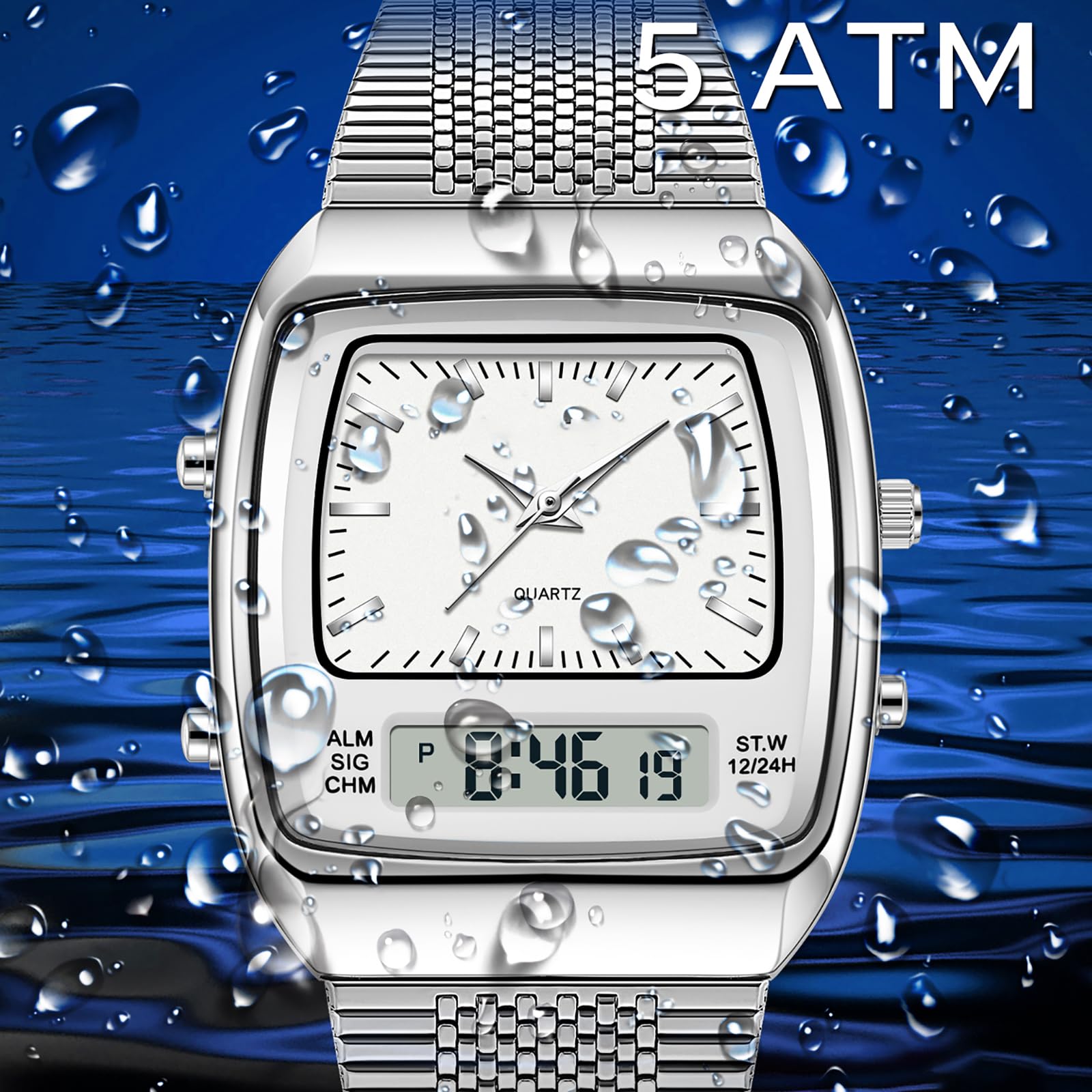 findtime Relojes para hombre y mujer, resistente al agua, analógico, digital, correa única, alarma de negocios, relojes retro, luz de fondo LED, multizona horaria, reloj de pulsera rectangular