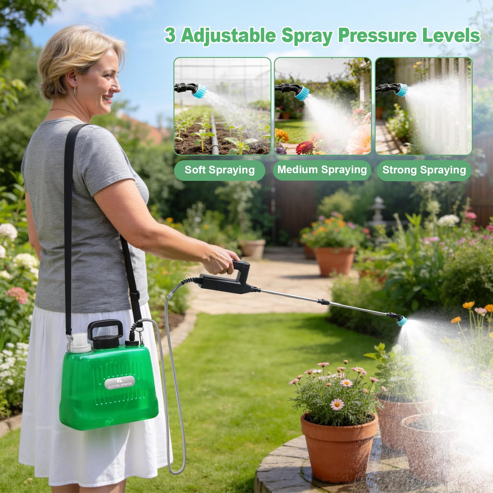 SideKing Pulvérisateur Électrique 8L, Pulverisateur de Jardin, Poignée 3 Vitesses Réglables, 4 Buses, Lance Télescopique, Pulvérisateur à Batterie pour Désherbage, Pelouse, Allée - Vert Transparent - 3