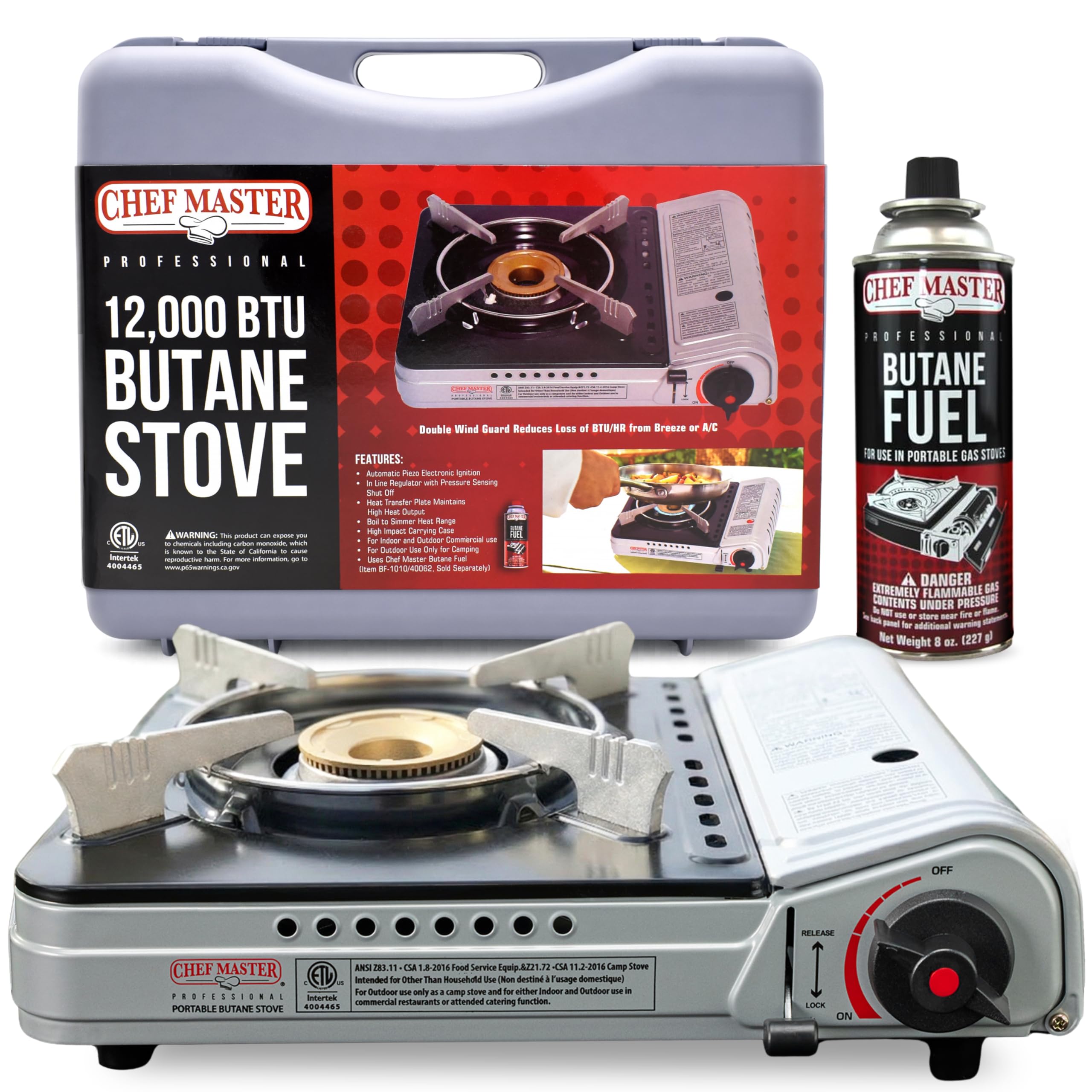 Chef Master 12,000 BTU Portable Butane Stove - Gas Burner for Camping & Outdoor Cooking - Countertop Cooktop with Carry Case, Wind Guard & Electronic Ignition - Portable Cooker & Burner Stove – 90235