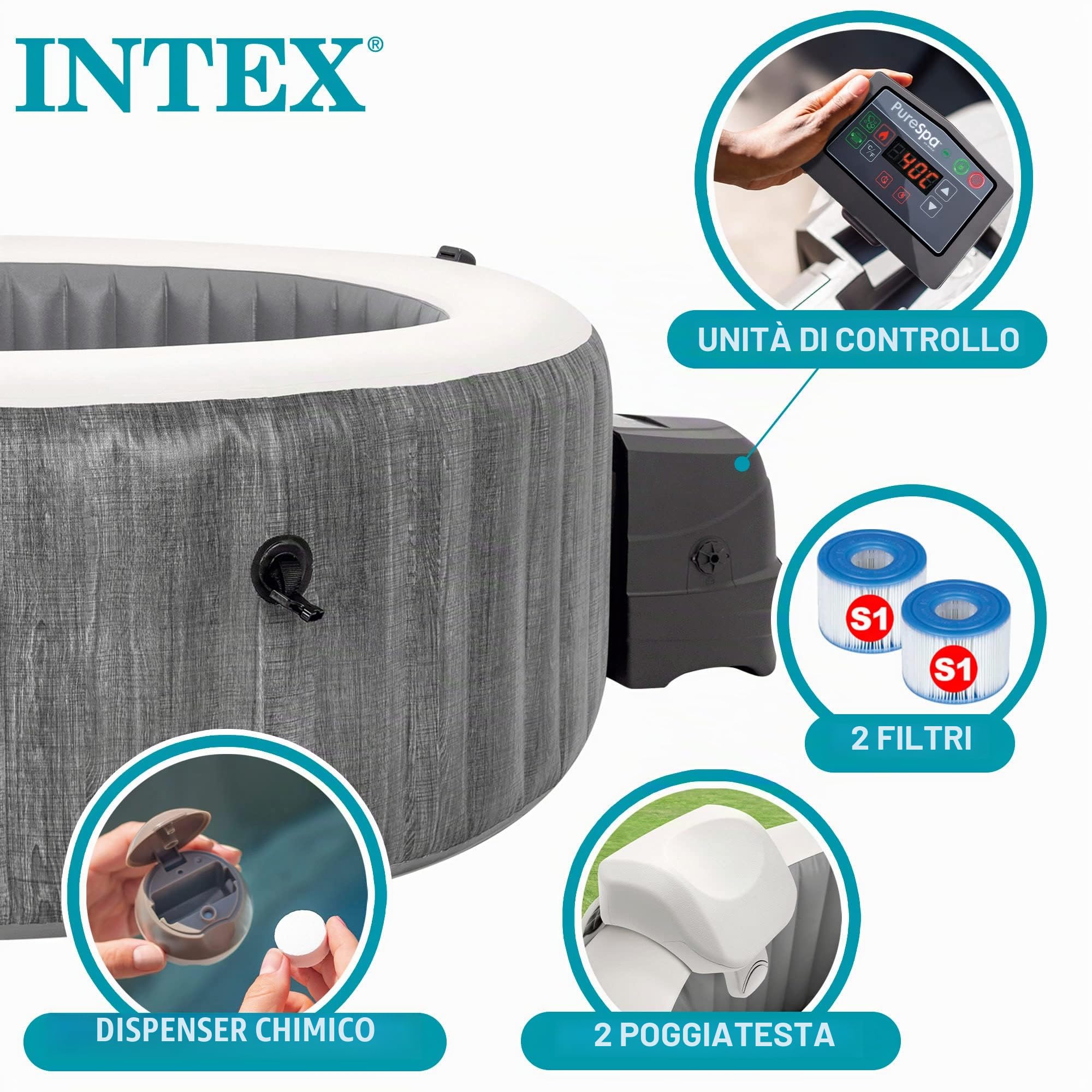 Intex 28442EX - PureSpa Vasca Idromassaggio Gonfiabile Greywood Deluxe, 6 posti, 170 Getti, Riscaldatore, PVC, Grigio, 216x71 cm
