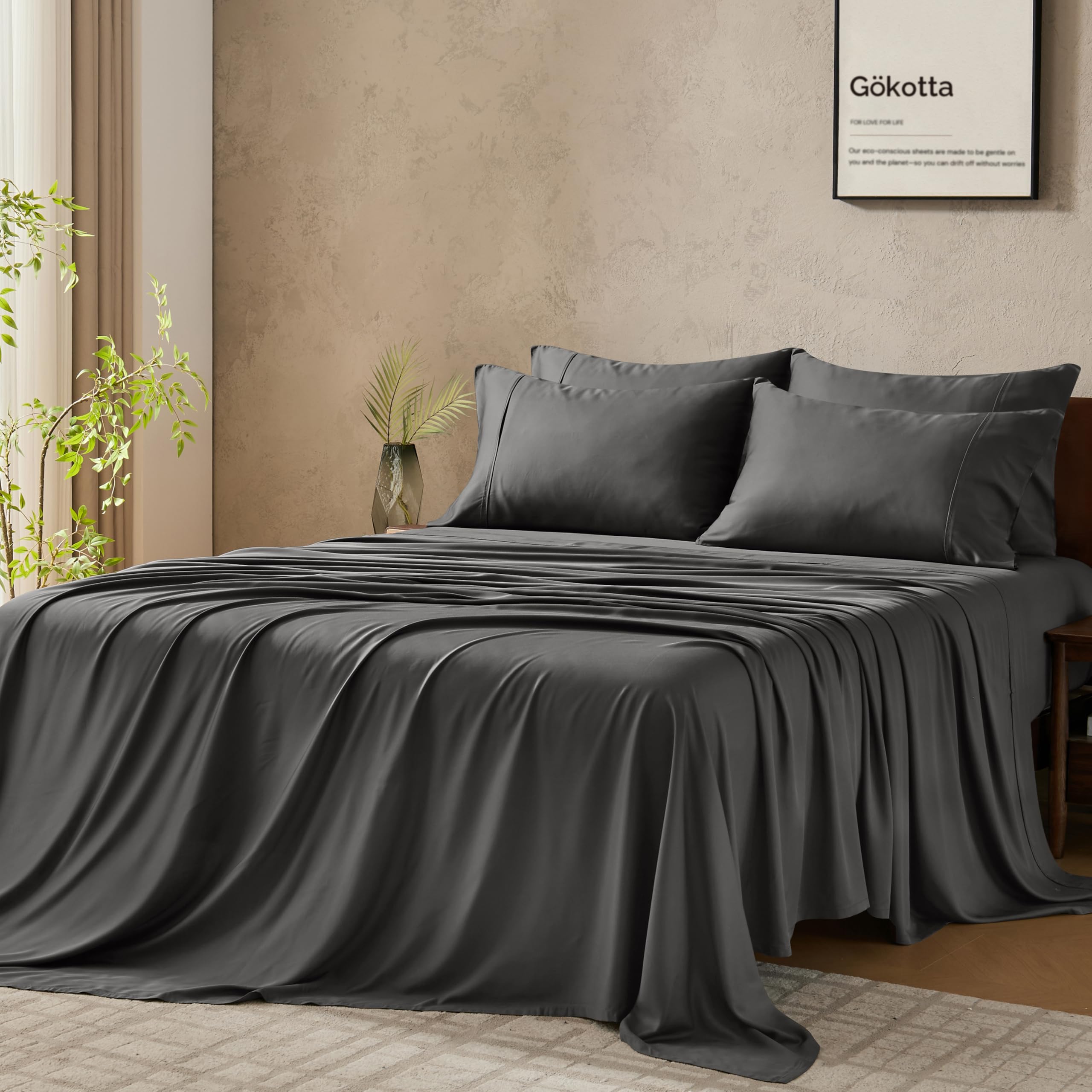 GOKOTTA, King Size Sheet Set, 100% Viscose Derived from Bamboo, 6 Piece Set, Soft and Breathable, 16 Inch Deep Bed Sheet with Elastic Corner Ties, Moisture Wicking, Cooling
