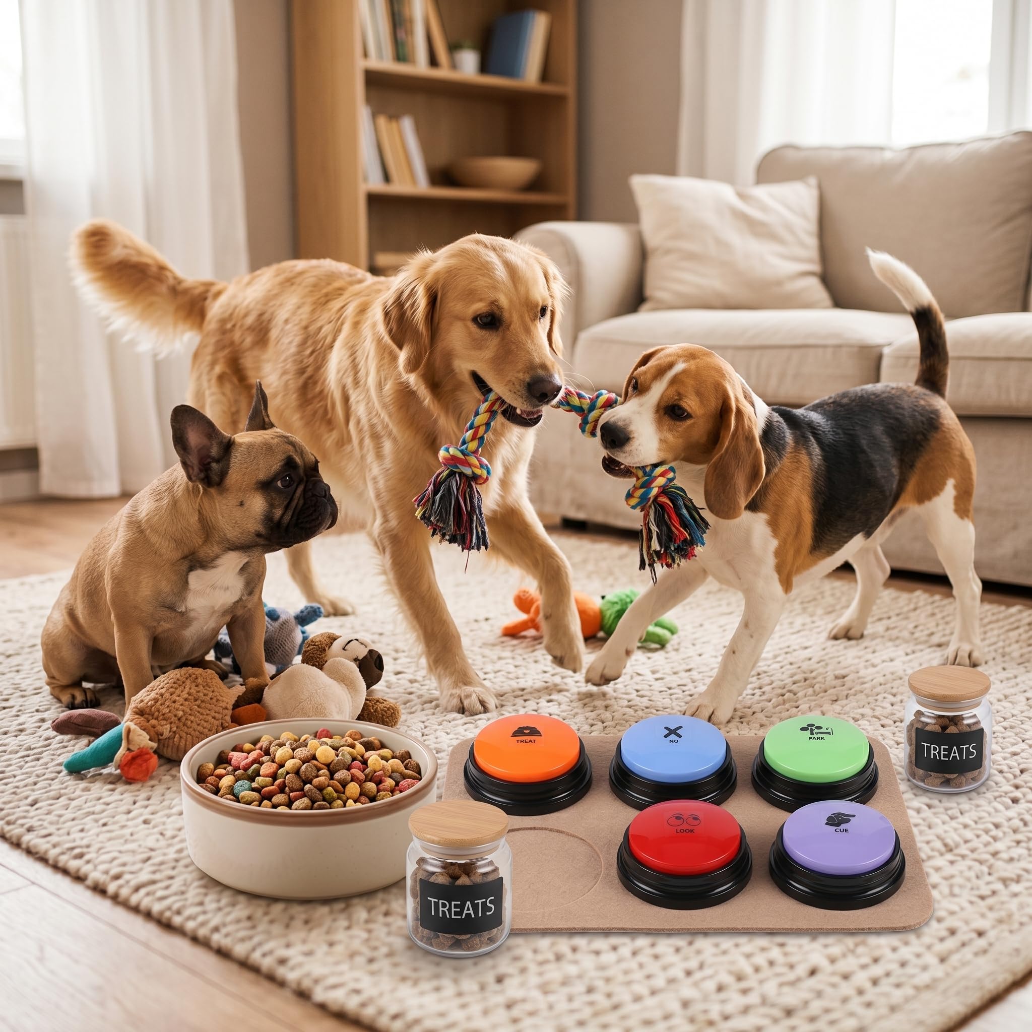 Buzzer avec Fonction d'enregistrement, kit de 12 buzzers avec Son, Comprend 50 Autocollants, Bouton de Dressage pour Chien, Bouton Qui Fait des Sons de Chien