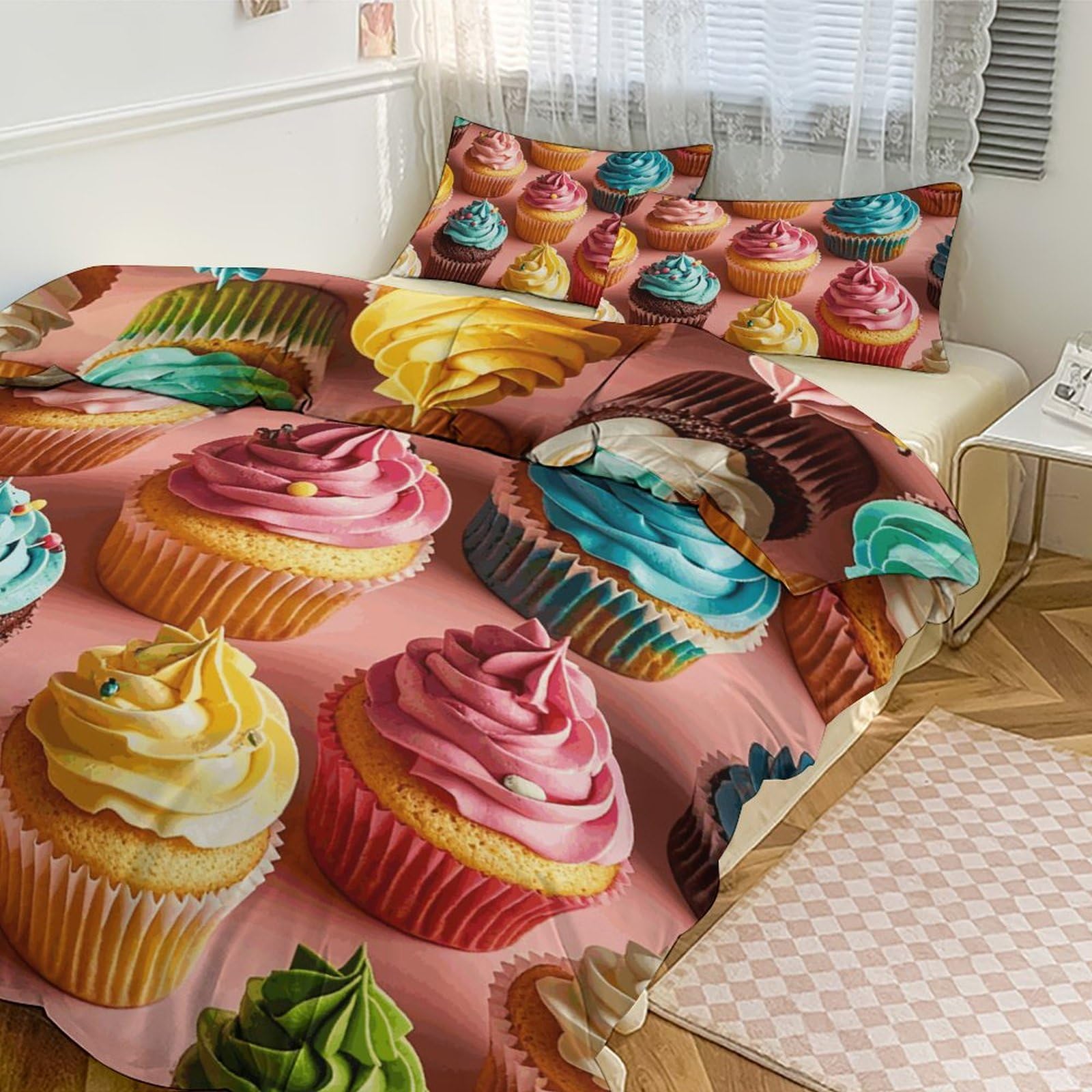 Couette pour grand lit parure de lit 3 pièces couvre-lit cupcakes taie d'oreiller