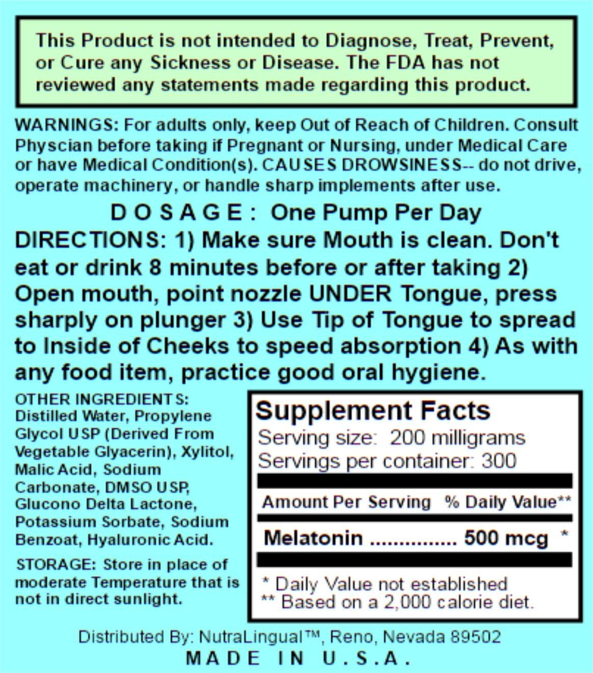 Fast Acting Melatonin 500 mcg (Equivalent to 3 mg Oral Dose) 300 Day Sublingual Liquid Supplement by NUTRA Lingual (TM) for Maximum Absorption