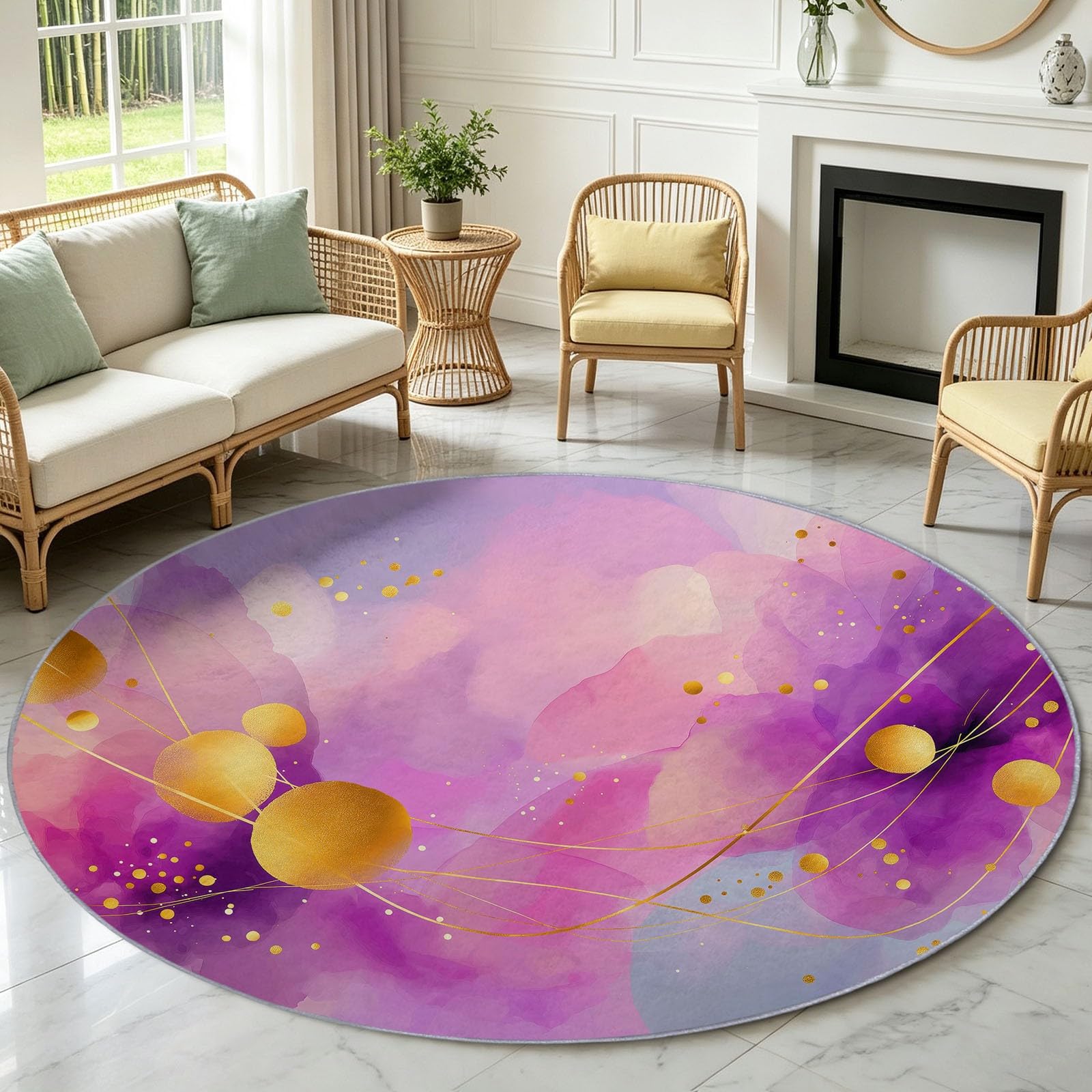 Tappeto rotondo lavabile, 90 cm, morbido, a pelo basso, motivo geometrico ombré, con retro antiscivolo, colore: viola, non perde pelo, per camera da letto, soggiorno, cameretta dei bambini e cucina