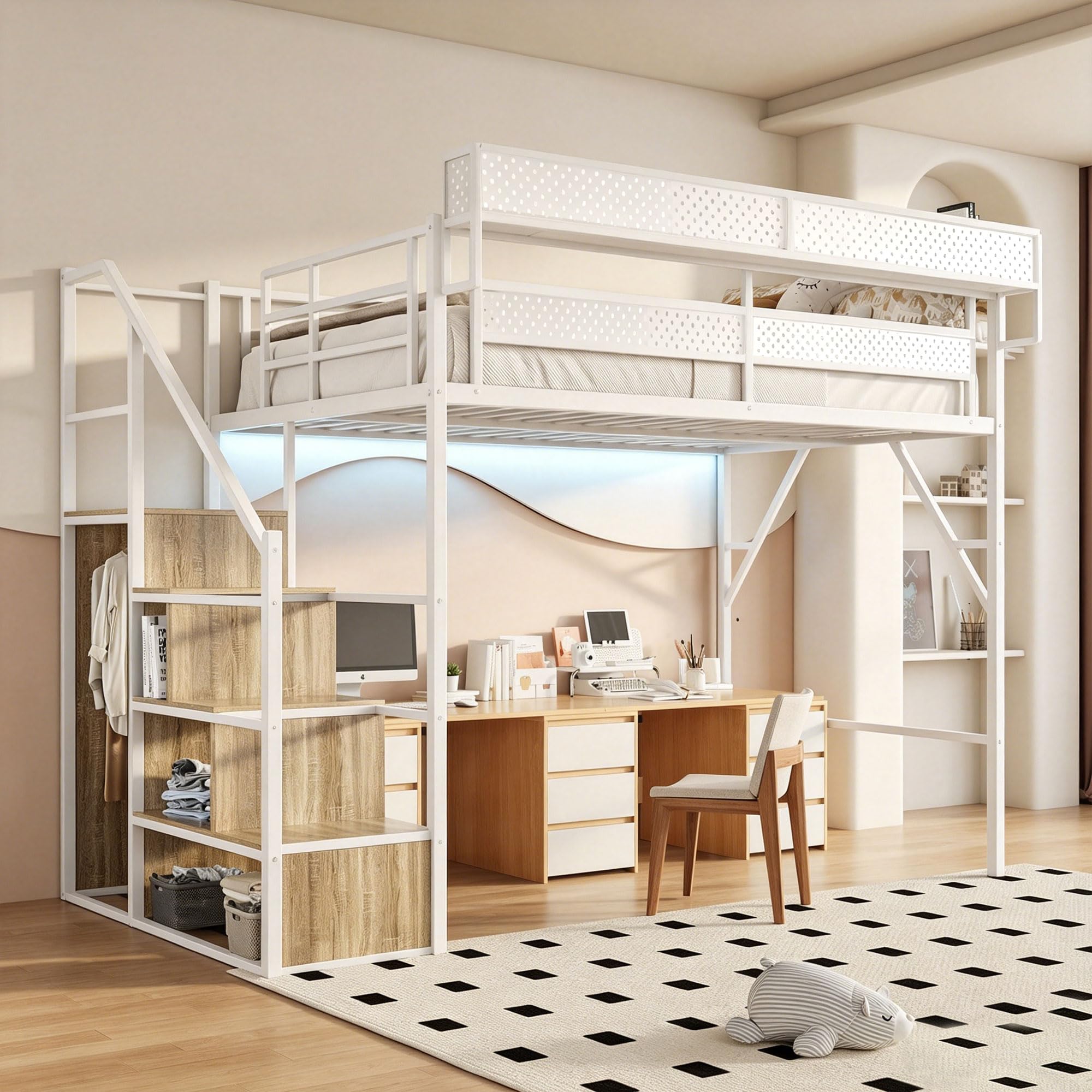 FAVSH Full Metal Loft Bed with LED Lights
