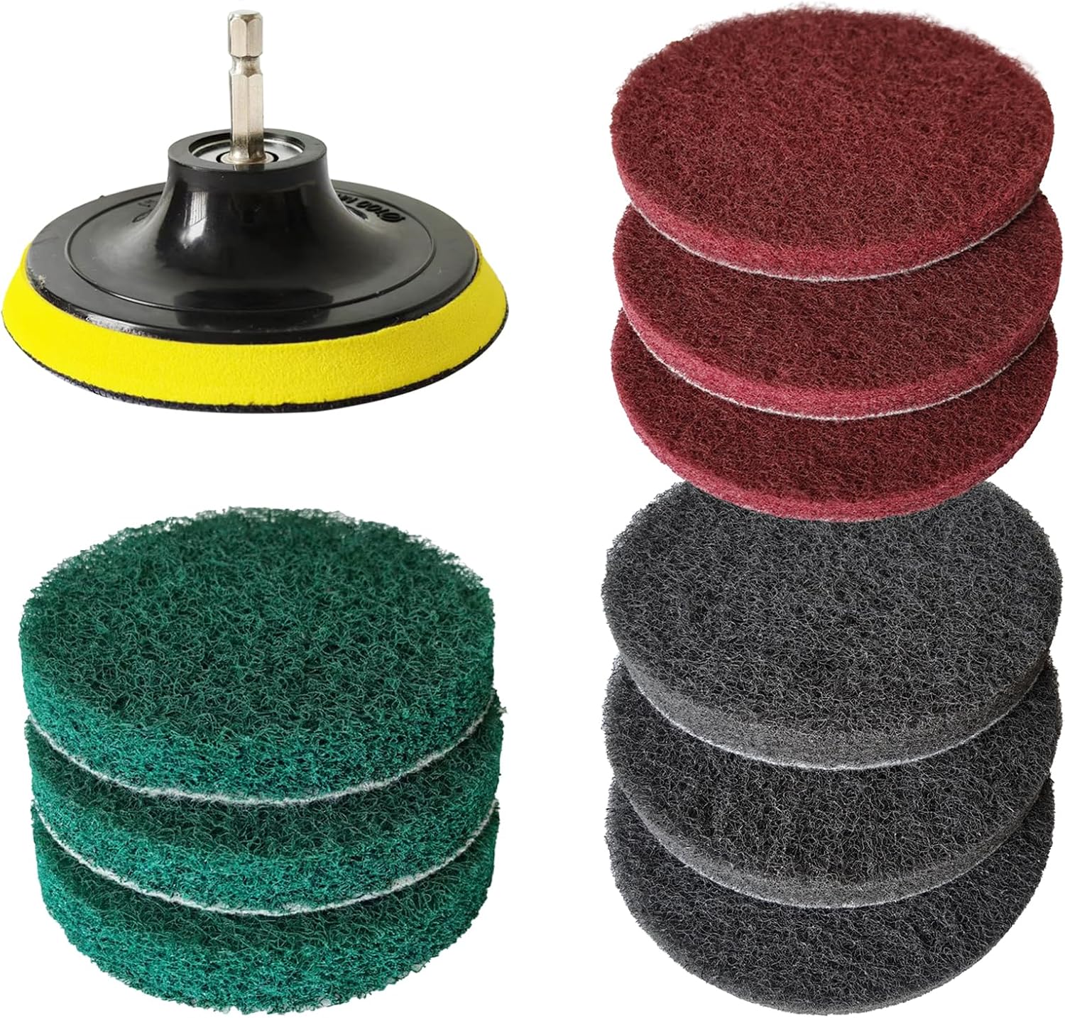 4 Inch Drill Brush Attachments for Cleaning Household Drill Brush Scrubber for Bathroom & Kitchen with Disc Pad Holder and Adapter，9 Scouring Pads（3 Different Stiffness） 11Pcs