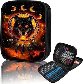 Crochet Hook Case Empty, Double Layer Zipper Knitting Needle Holder Organizer with 20 Elastic Slots & Mesh Pocket for Ergonomic Hooks, Circular Needles & Accessories-red Moon Wolf Dreamcatcher