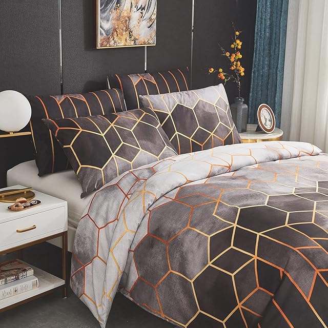 Dencalleus Geometric Printed Duvet Cover Set, Brushed Microfibre Nordic Soft Quilt Covers with Corner Ties, Double Size, Boho Bedding Sets with Zipper Closure and Easy Care Hotel Quality, Grey
