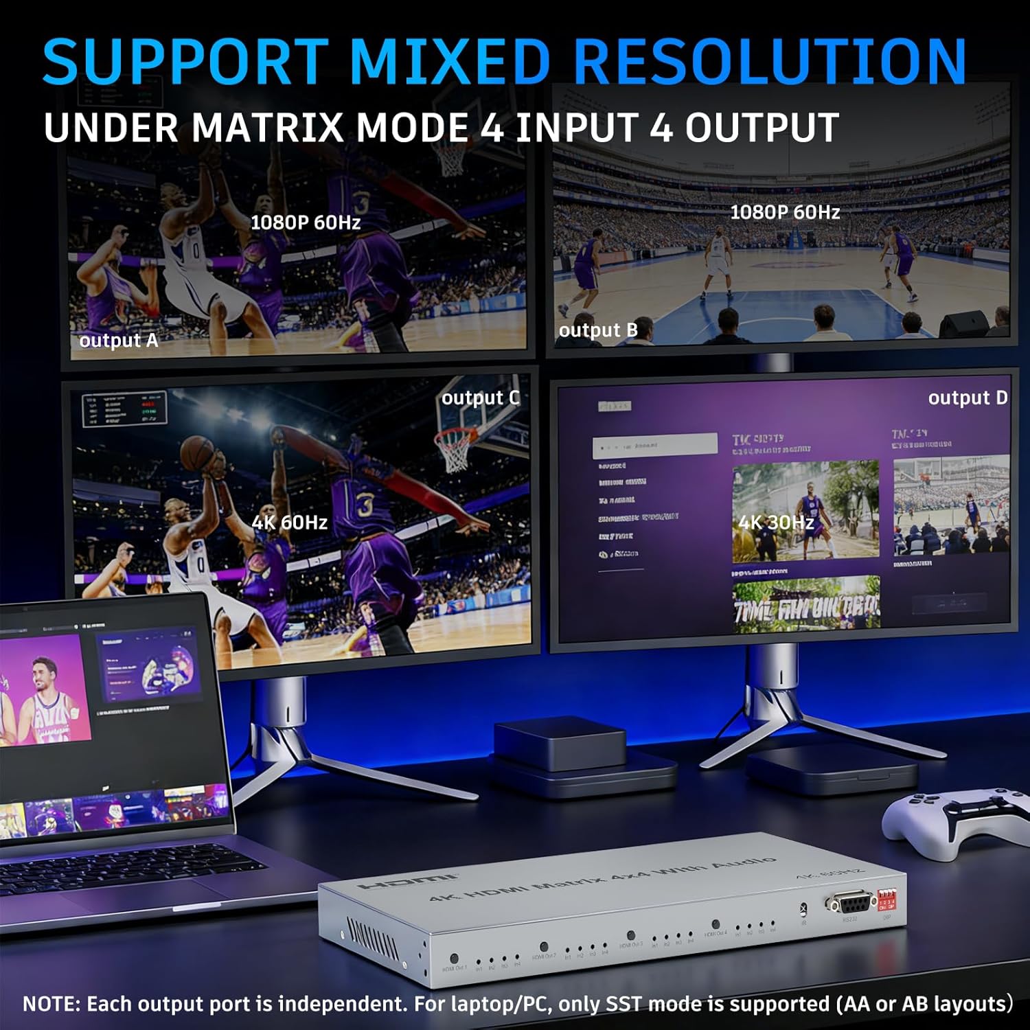 ICUIXIAN 4x4 HDMI Matrix Switch 4K60Hz YUV 4:4:4 with Audio Output, HDMI2.0-HDCP2.2, 3D, 18Gbps, HDMI Matrix Switcher 4x4 Splitter with Remote Control, EDIDI, RS232, 3.5mm Audio and Fiber Optic Ports
