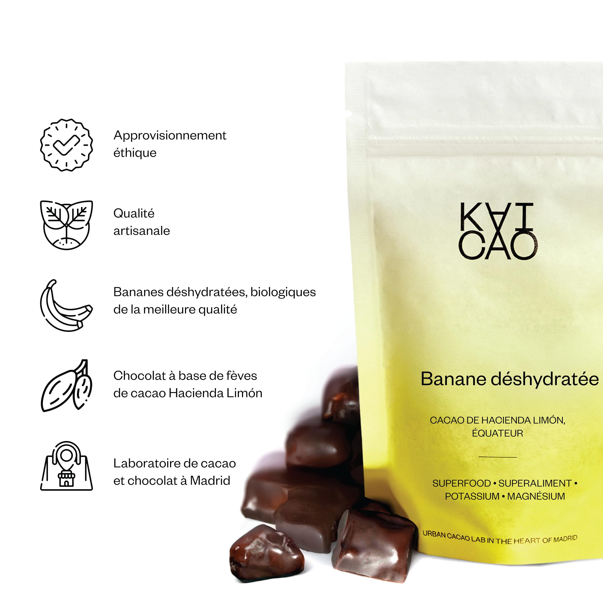 Kaicao Barres Énergétiques de Bananes Déshydratées Enrobées de Chocolat Noir 100% Pur - Sans Sucre Ajouté, Sans Gluten, Sans Lactose, Vegan - Snacks Sains au Cacao Hacienda Limón, Équateur