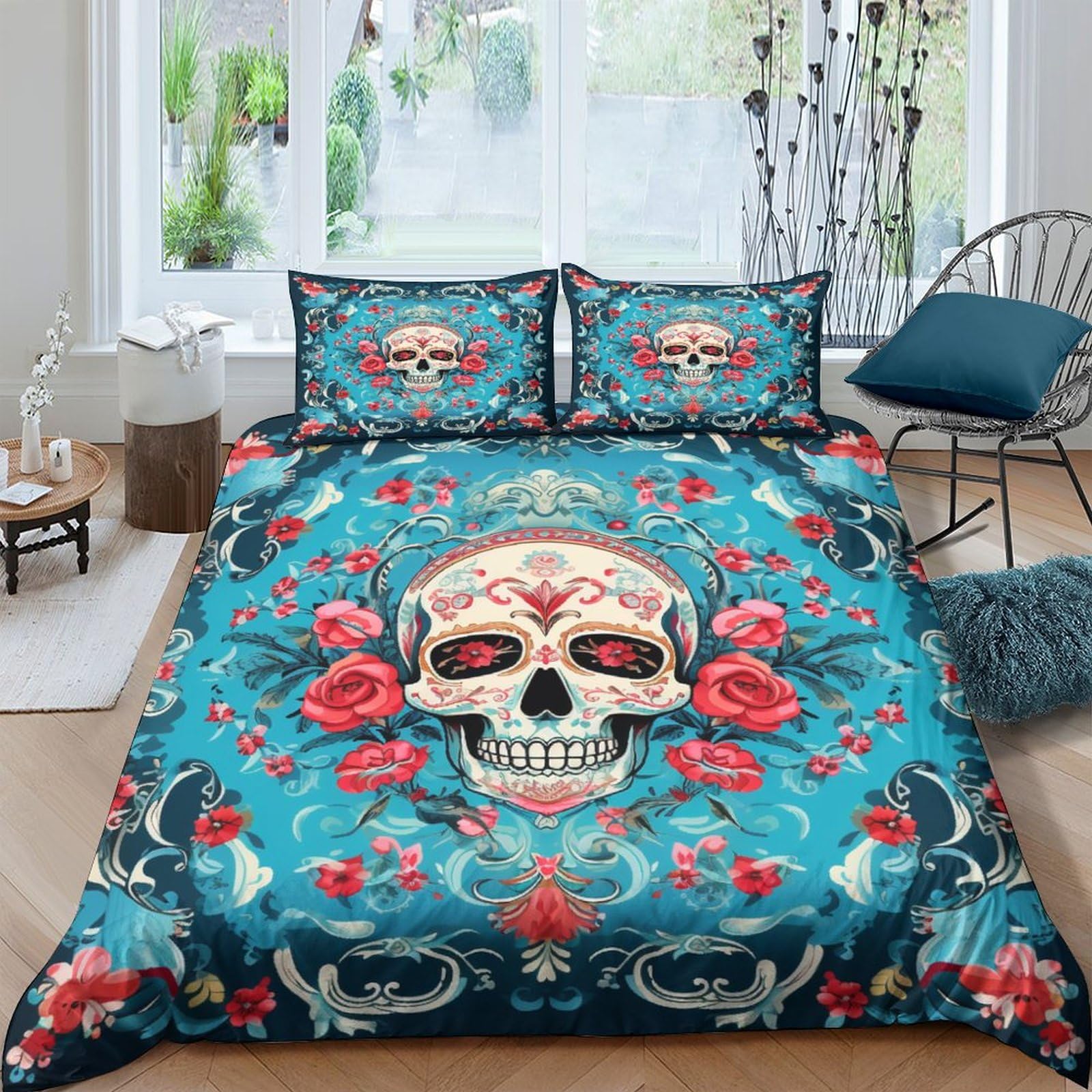Set de ropa de cama gótico con calavera rosa para expresar tu personalidad única al descansar