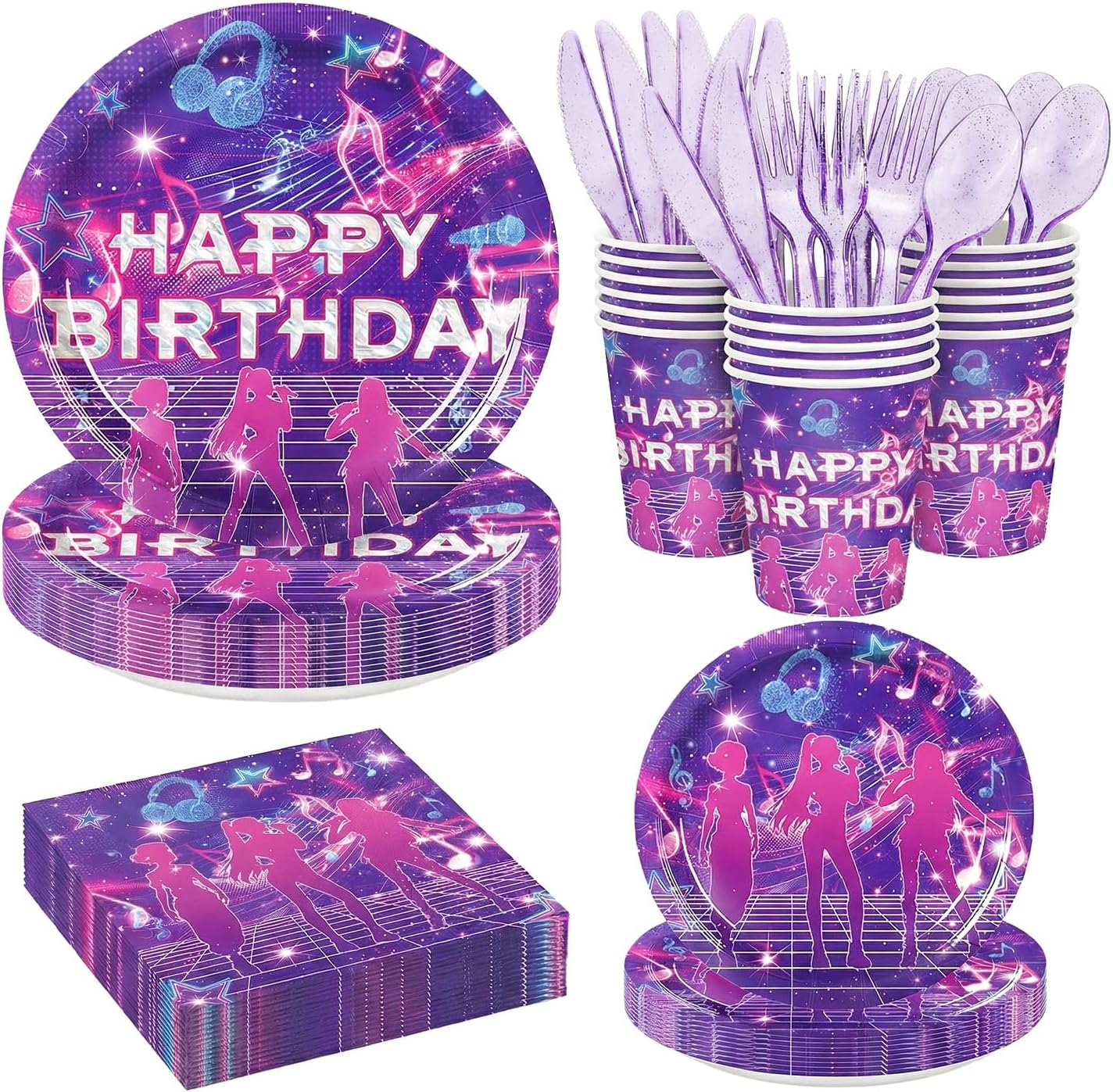 140Pcs Kpop Music Theme Birthday Party Supplies Serves 20 Guests Includes 9 and 7 Inch Plates Napkins Cups Purple Cutlery Rock Star Karaoke Decorations for Girls Teens