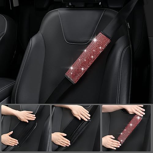 Miniatura 3 de CAR PASS Juego de 7 fundas para volante de color rojo brillante para mujer, cojín de cinturón de seguridad con diamantes de imitación brillantes,