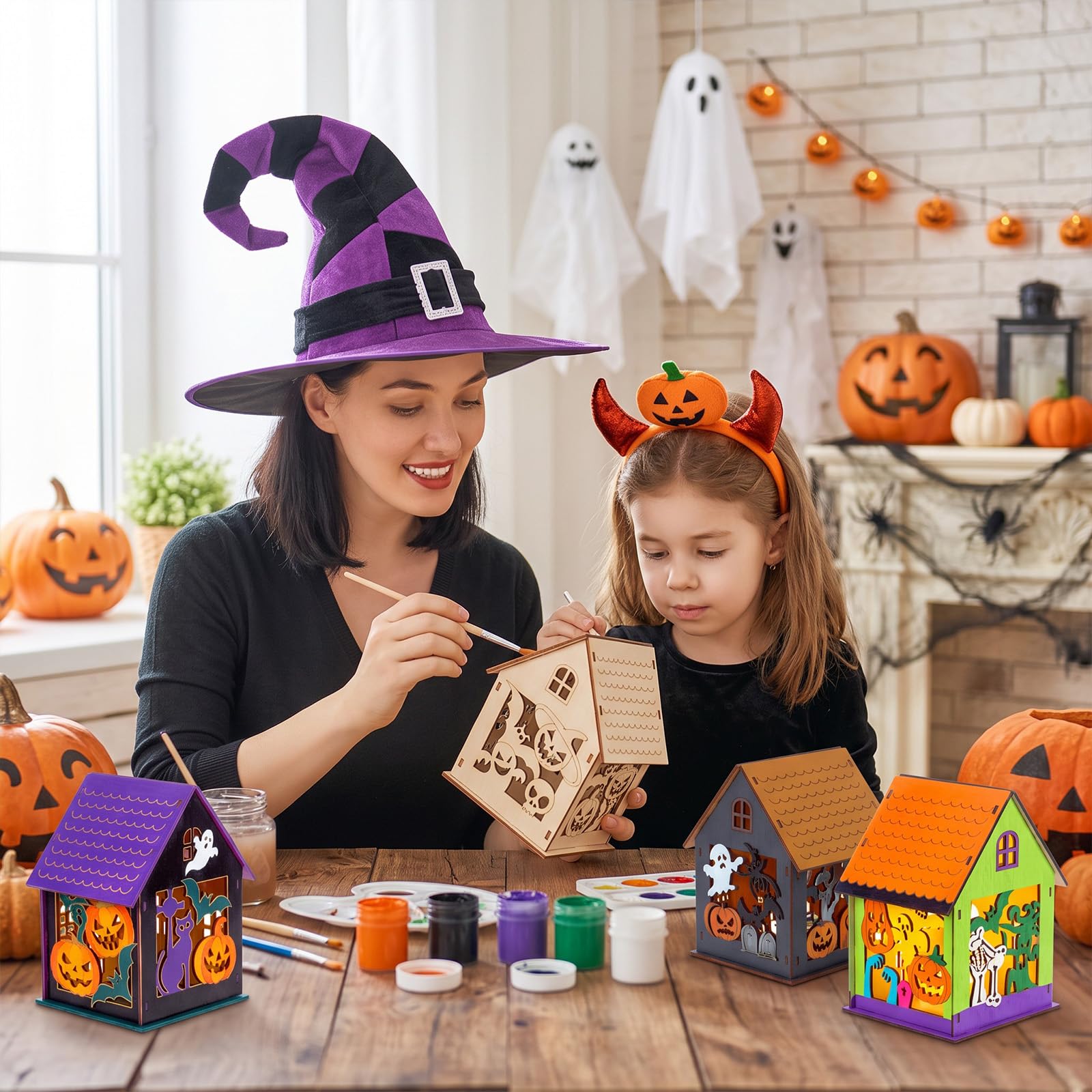 Jenaai Lot de 24 maisons d'Halloween en bois à faire soi-même - Maison hantée en vrac - Ensemble de village 3D en bois - Citrouille fantôme - Artisanat à peindre pour enfants - Cadeau de salle de