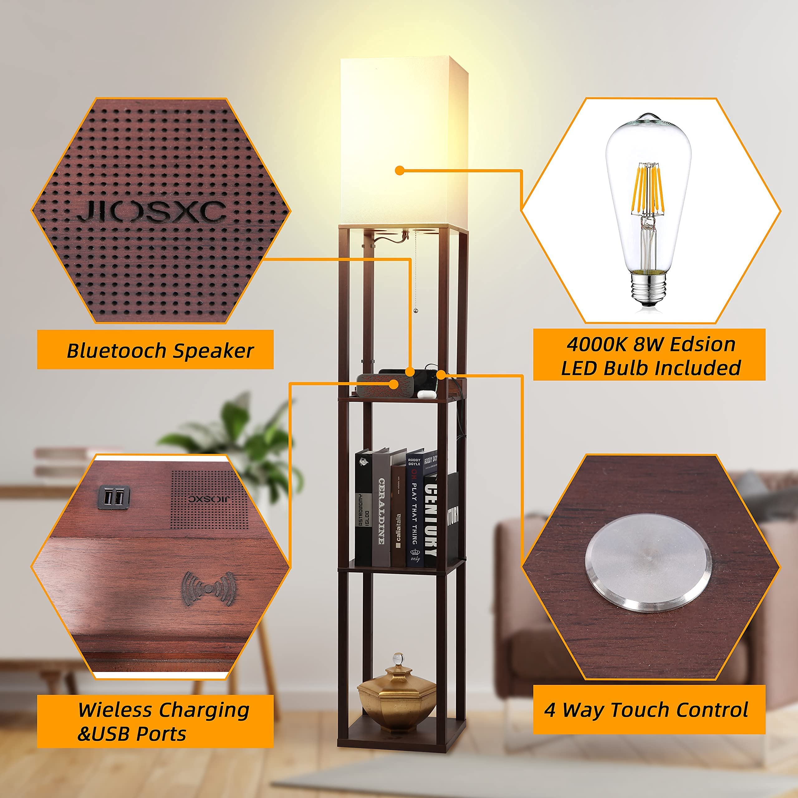 Brown Shelf Floor Lamps with USB Charging Ports and Wireless Speaker
