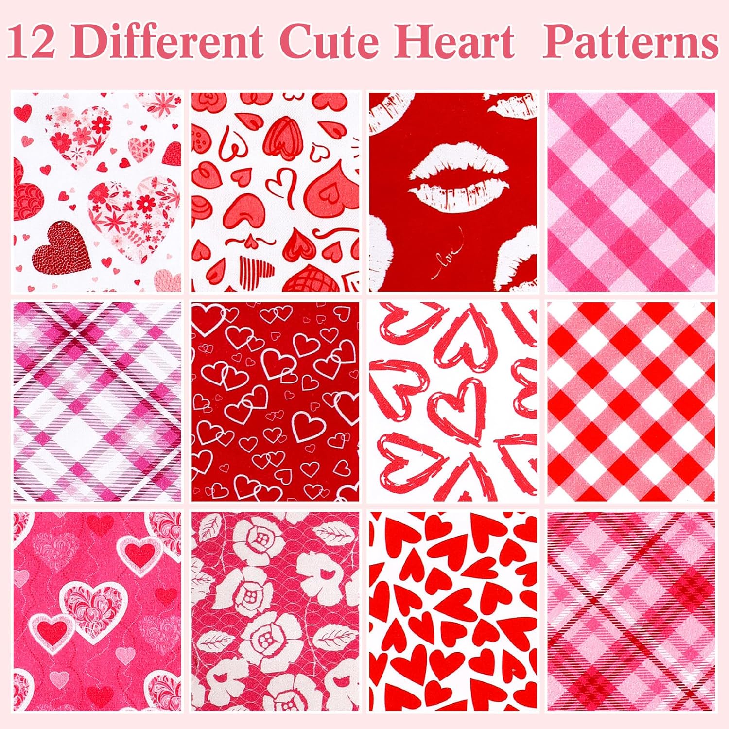 Ganeen 60 Pcs Heart Cotton Jelly Fabric Roll Love Heart Print Fabric Strips Quilting Roll for Mother Day Quilting Cloth Patchwork Sewing DIY Craft, 12 Styles