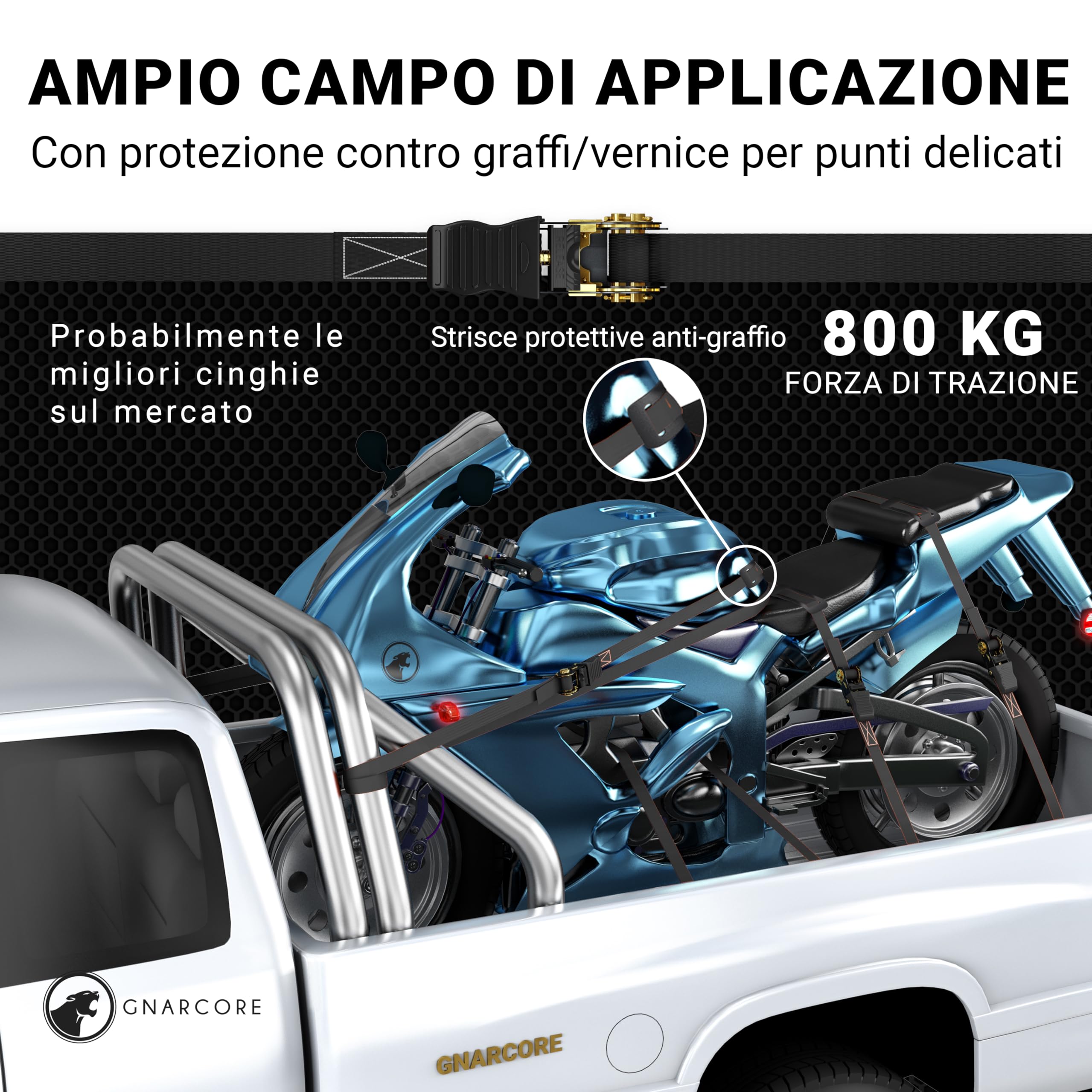 Cinghie di Fissaggio a Cricchetto Premium, Set da 4, Resistenza 800 Kg, Con Borse - Certificato DIN EN 12195-2