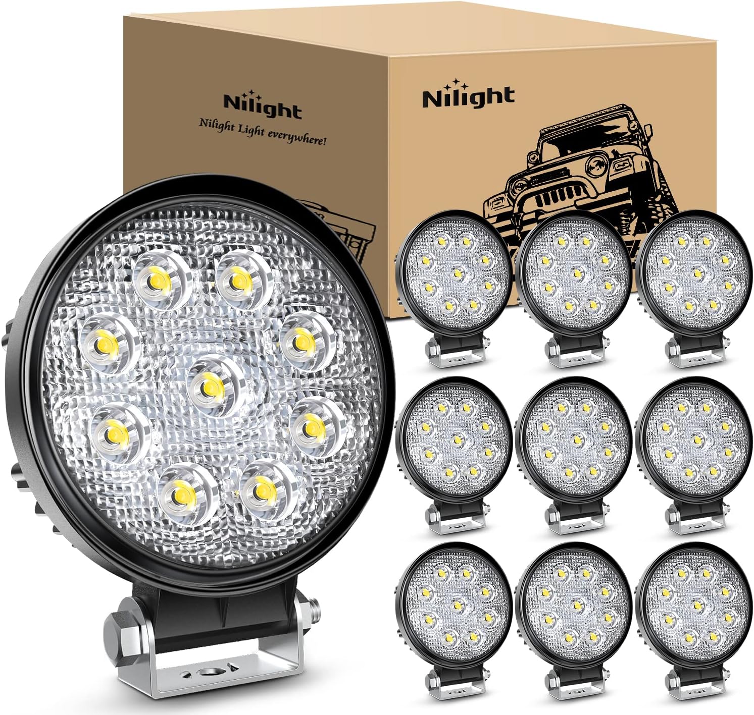 Nilight 4.5 Inch Round 27W Spot LED Work Light Fog Light Waterproof Offroad Driving Led light for Jeep SUV Boat Truck ATV Car, 2 year Warranty (10 pack) (15015S-E)
