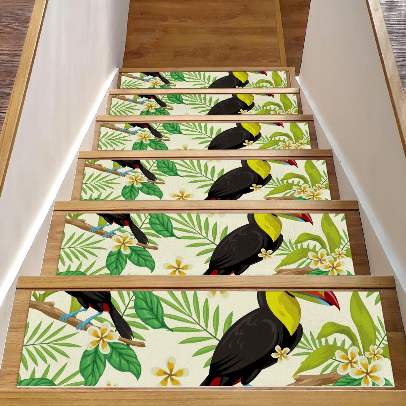 Marches d'escalier antidérapantes tapis d'escalier bois intérieur feuilles tropicales 15pcs