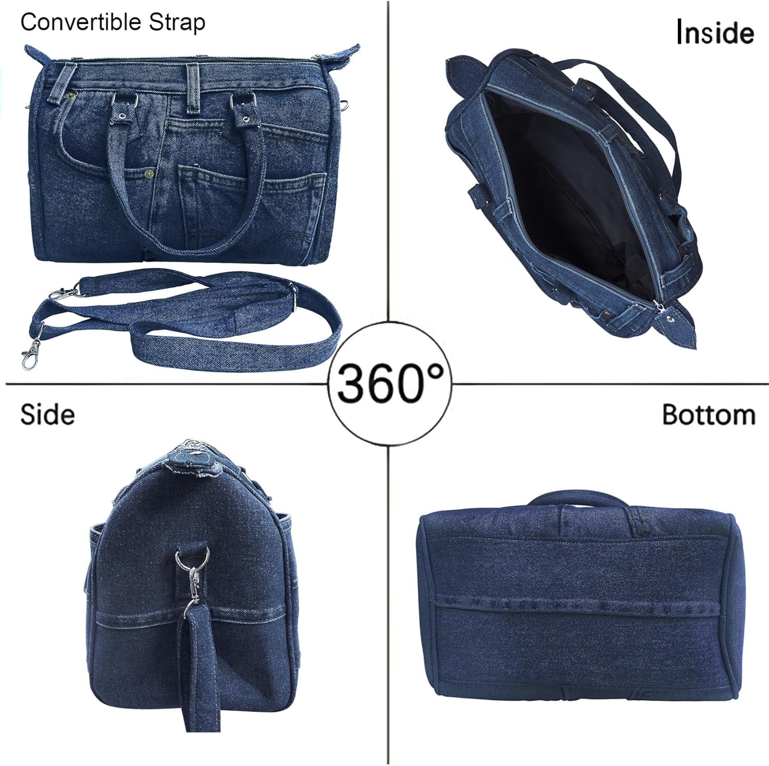 Upcycling Blue Denim Jeans Large Doctor Style Double Top Handle Convertible Shoulder Handbag Purse BNL100 (Dark Shade)