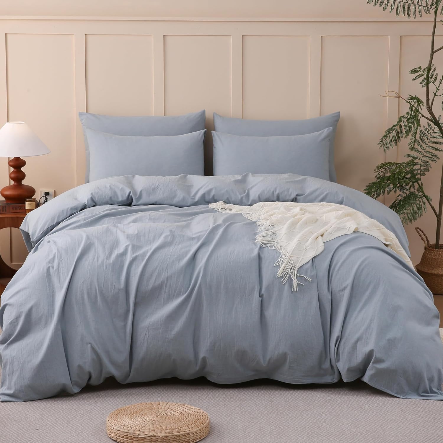 King Size Washed Cotton Duvet Cover Set (104"×90") - 100% Cotton Linen-Like Bedding, 4-Season Breathable Ultra-Soft King Duvet Cover (Comforter Not Included)