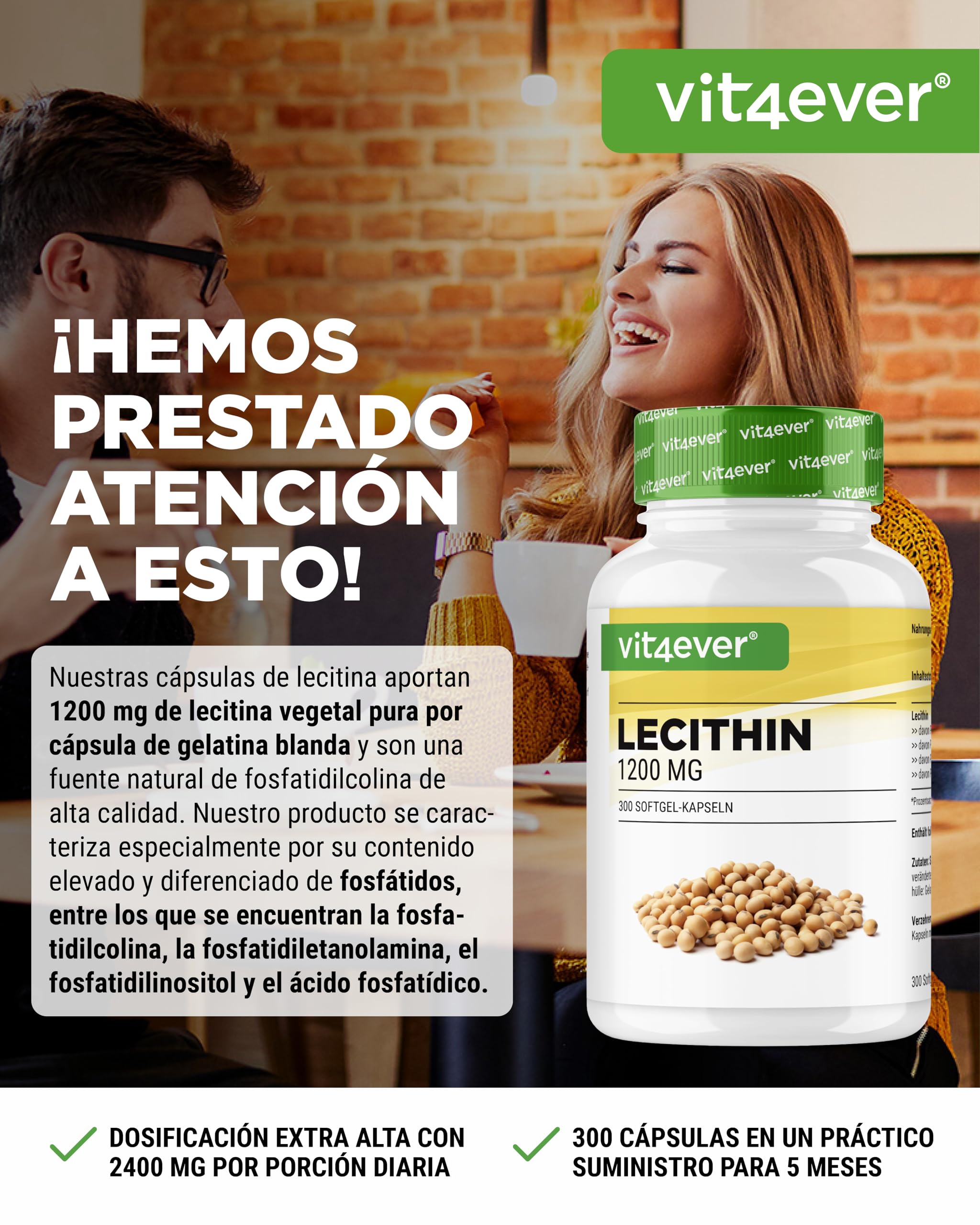 Lecitina 1200 mg - 300 cápsulas blandas - Premium: Con fosfátidos - Lecitina de soja no modificada genéticamente - Alta dosis