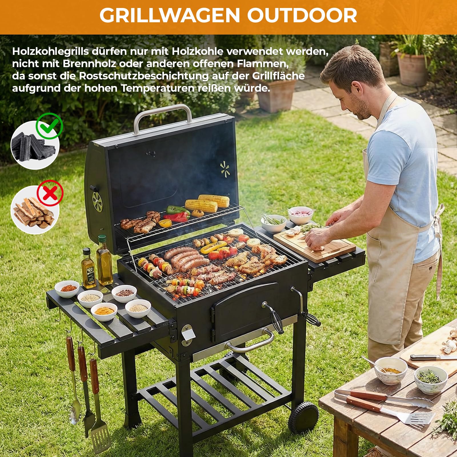 LIFERUN Parrilla de Carbón XXL con Tapa, Carrito Barbacoa con Cubierta Impermeable, Ruedas y Termómetro, Altura ajustable, Grande BBQ Smoker para Camping y Jardín, 122x104x54,5 cm