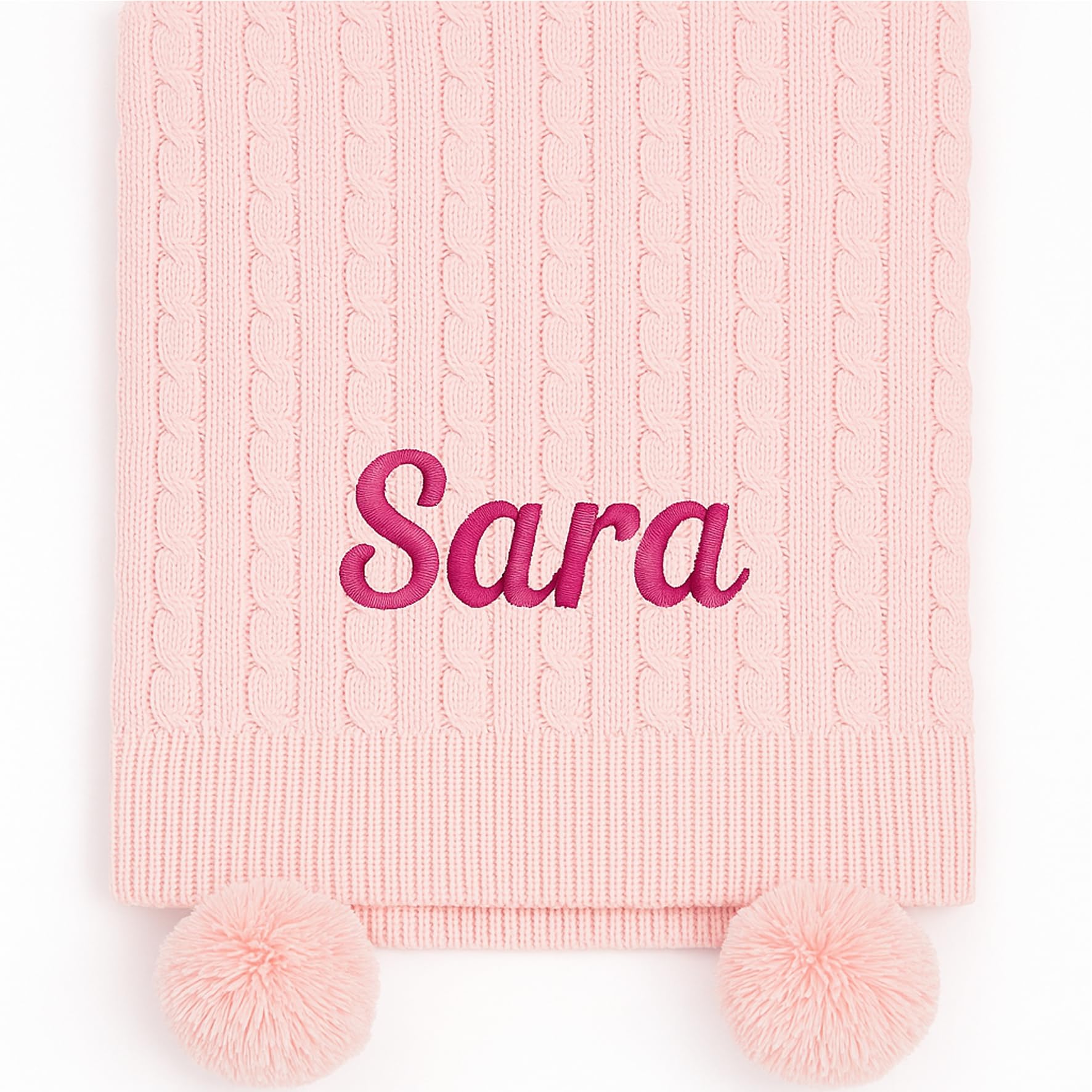 Baby Boy Girl Personalised Cable Knit Pom Pom Blanket Embroidered Name (Pink)