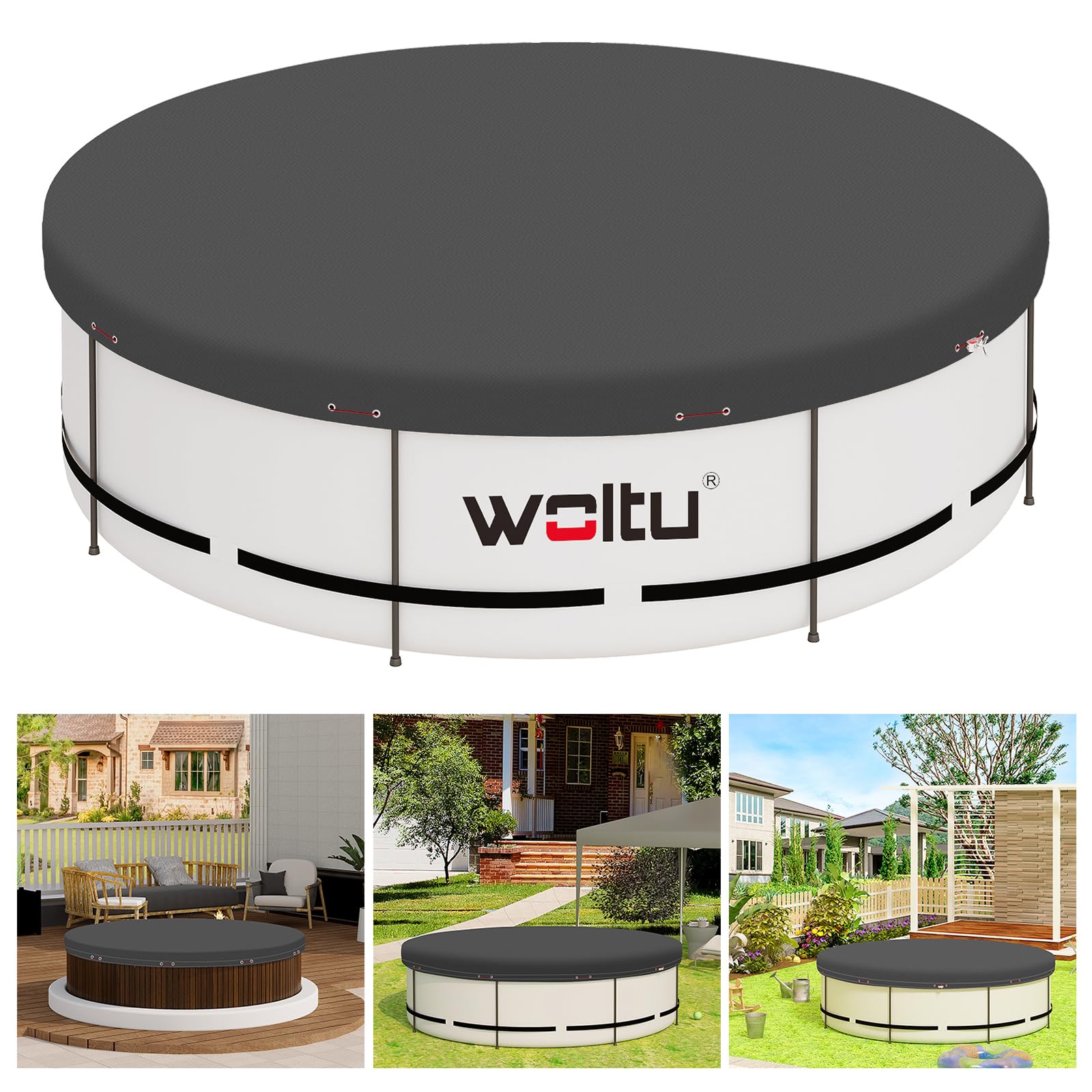 WOLTU Cobertor Piscina Redonda Ø 305 cm, Lona Cubierta de Diámetro 244-270 cm, PE 200 g/m², Impermeable y Opaco con Ojas y Cuerda de Fijación, Gris Oscuro