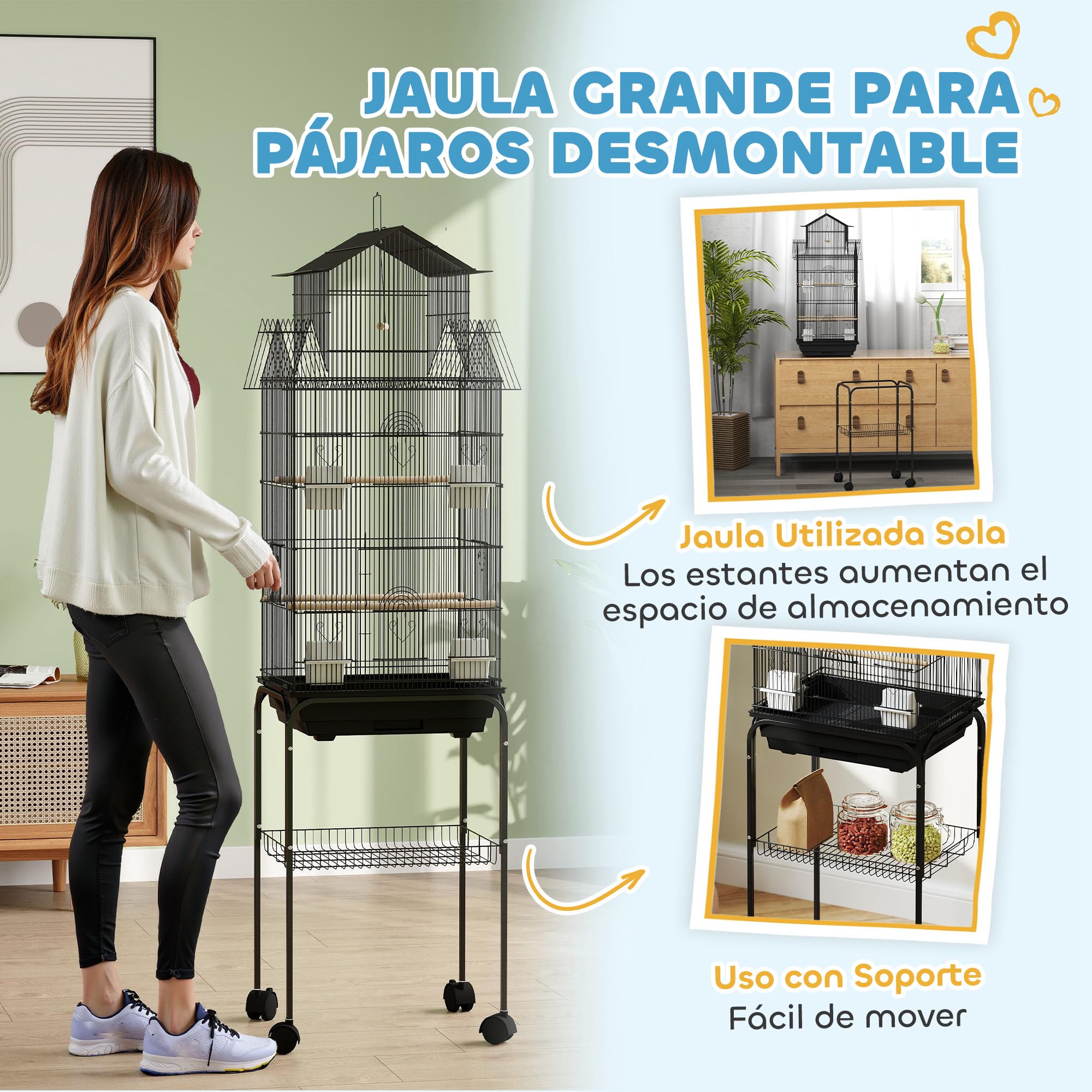 PawHut Jaula para Pájaros con Ruedas Pajarera de Acero 50,5x41x163 cm con Comederos Perchas Columpio y Bandeja Extraíble Jaula Grande para Loros Canario Periquito Negro