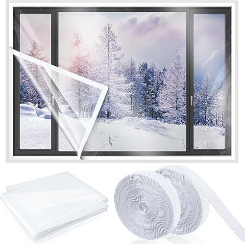 Kit de aislamiento de ventana de 47 pulgadas x 10 pies, película transparente cortable con correas adhesivas, plástico reutilizable para ventana de