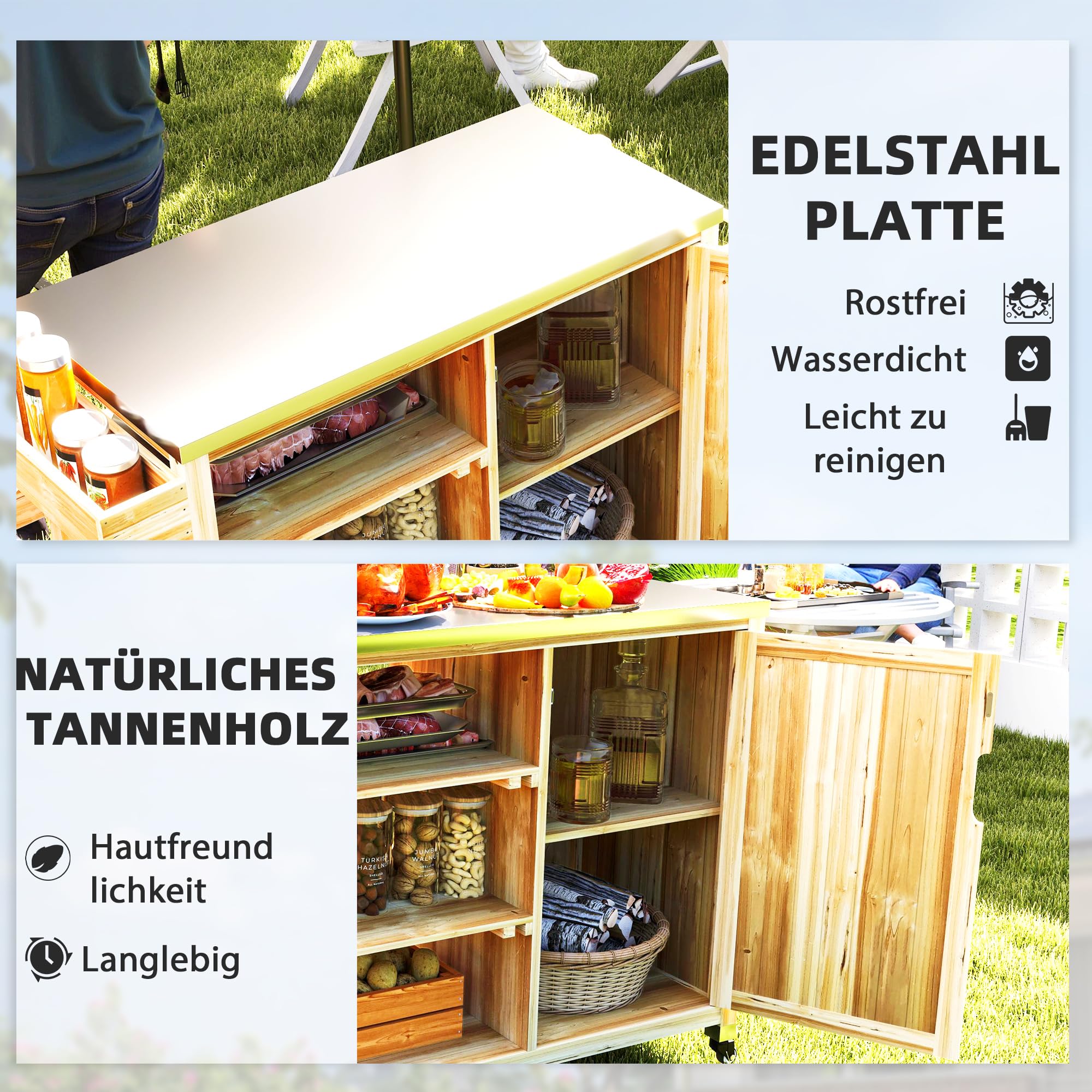 Outsunny Grillwagen 6-Etagen Servierwagen mit Arbeitsfläche Handtuchregal, BBQ Grilltisch aus Holz, Grill Beistelltisch, Outdoor Trolley, Holzkohlegrill für Garten, Terrasse 134,5x50x91,5cm Naturholz