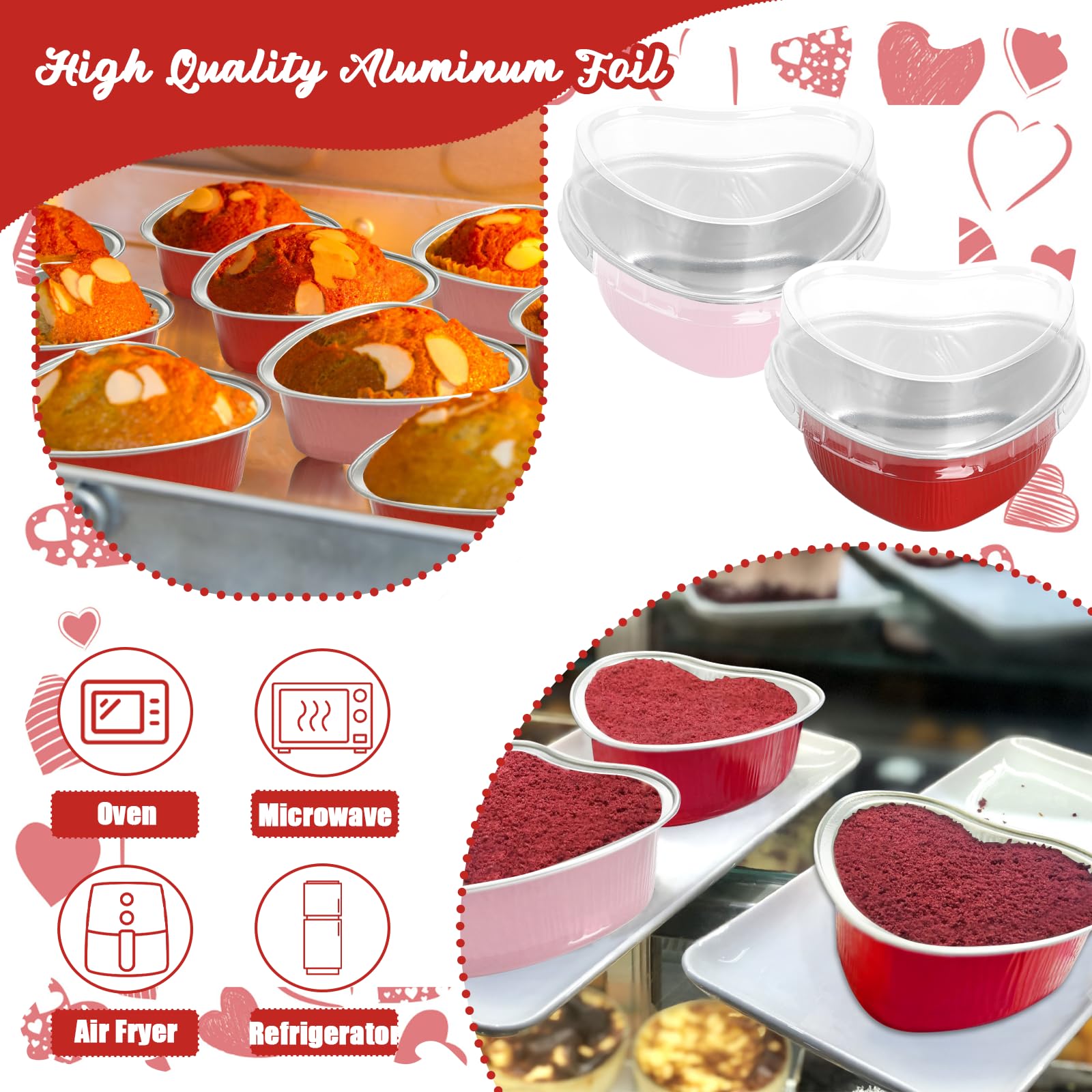 100 moldes para tartas en forma de corazón con tapas, mini moldes de papel de aluminio para hornear cupcakes de 3.4 onzas, recipientes desechables en forma de corazón para el día de San Valentín, día