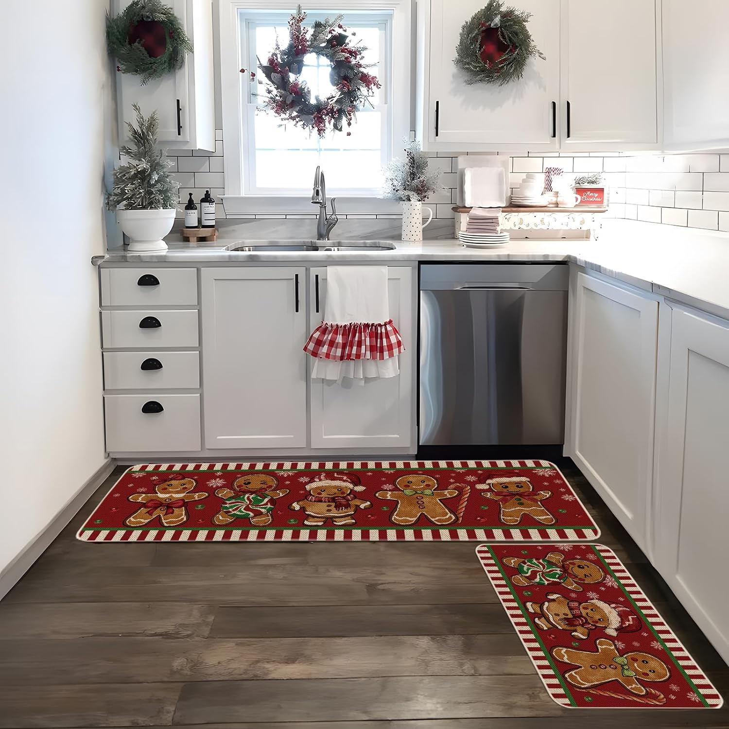 Moutina Gingerbread with Candy Cane Christmas Kitchen Rugs Set of 2, Winter Snowflake Xmas Holiday Home Decor Low-Profile Kitchen Mats for Floor - 17x29 and 17x47 Inch