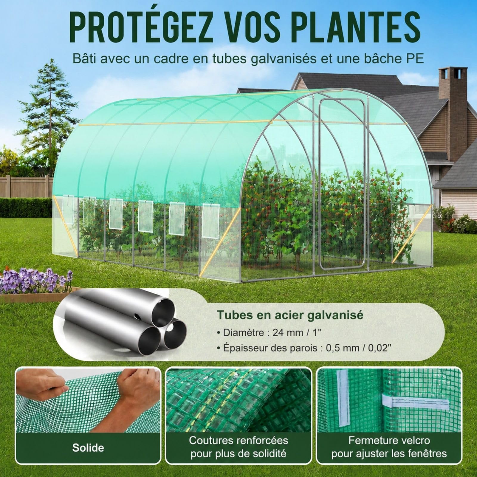 Serre Tunnel pour Plantes avec Cadre galvanisé et Couverture PE Verte, Forme Tunnel pour Jardin et Culture de légumes