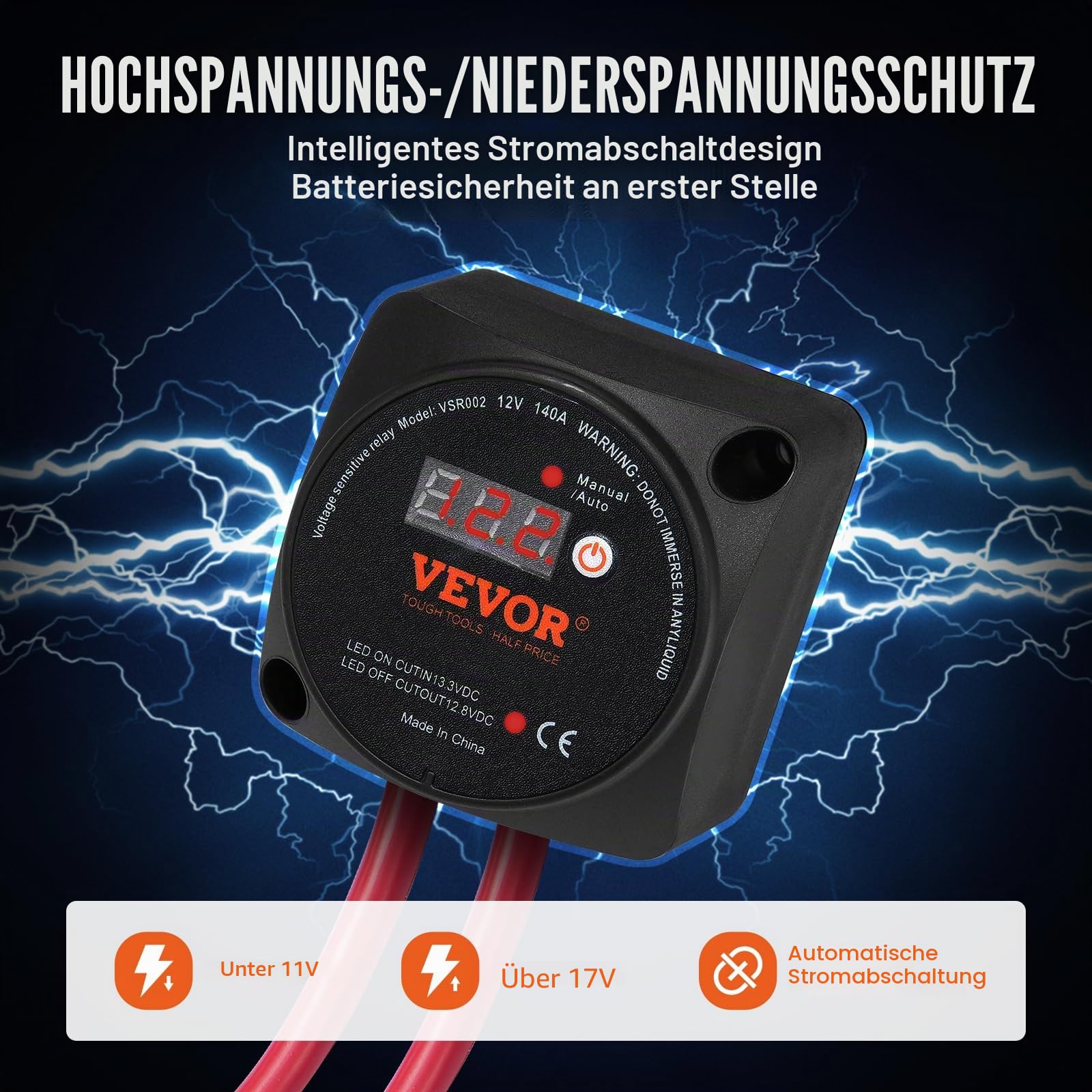 VEVOR Doppelbatterie-Trennrelais, 12 V, 140 A, manueller und automatischer Modus, spannungsempfindliches VSR-Relais mit LCD-Bildschirm, für ATV, UTV, Wohnmobil, Wohnwagen, LKW, Boot, Yacht
