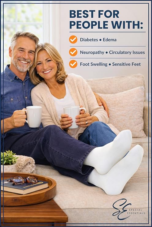Special Essentials Diabetic Socks for Men & Women 12 Pairs of Non-Binding Moisture-Wicking Neuropathy Socks Crew Length