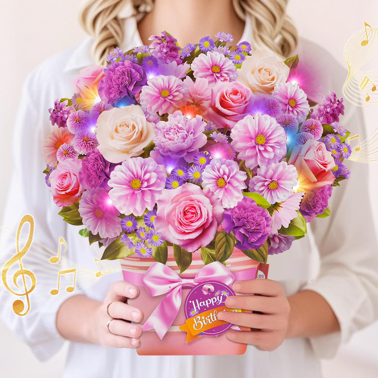 APOTODITO Tarjetas de cumpleaños desplegables, regalos del día de la madre, tarjeta de cumpleaños con música y luz, tarjeta 3D de ramo de flores, regalos del día de San Valentín, tarjetas del día de