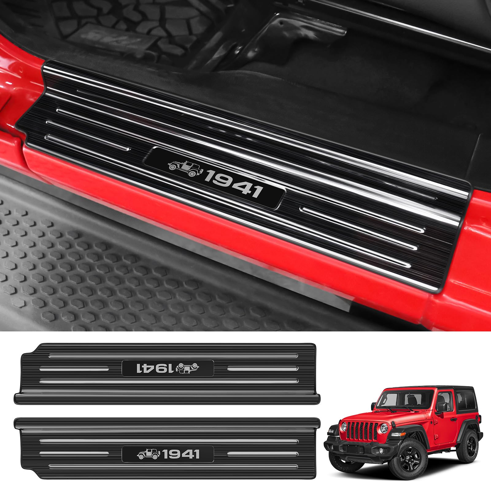 Door Sill Guards Compatible with Jeep Wrangler JL JLU 2018-2026 &amp; Gladiator JT 2020-2026 Accessories Stainless Steel Material Black Brushed Texture Door Sill Protector (2-Door)